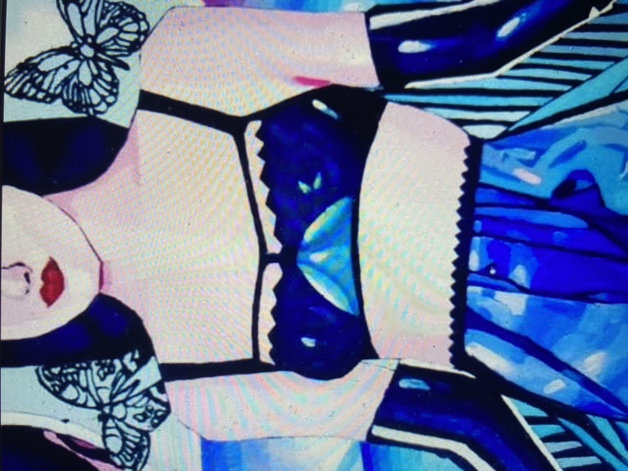 The image is a close-up, digitally rendered illustration of a person's torso, shoulders, and head from the neck up. The subject has dark hair and is wearing a dark blue, strappy bra with a scalloped edge. The bra has triangular iridescent accents in the center. The subject also wears long, dark blue gloves with white stripes. A portion of a blue, pleated skirt is visible at the bottom. Two stylized black and white butterflies are positioned on either side of the subject's head and shoulders. The background is a blend of blue and white vertical stripes, with some areas of lighter pink and yellow tones. There is no discernible city or location information present in the image.
