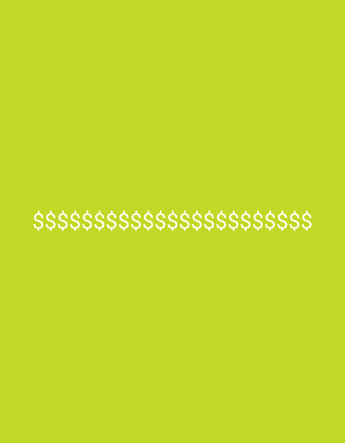 A chartreuse background features a horizontal row of white dollar signs near the bottom.