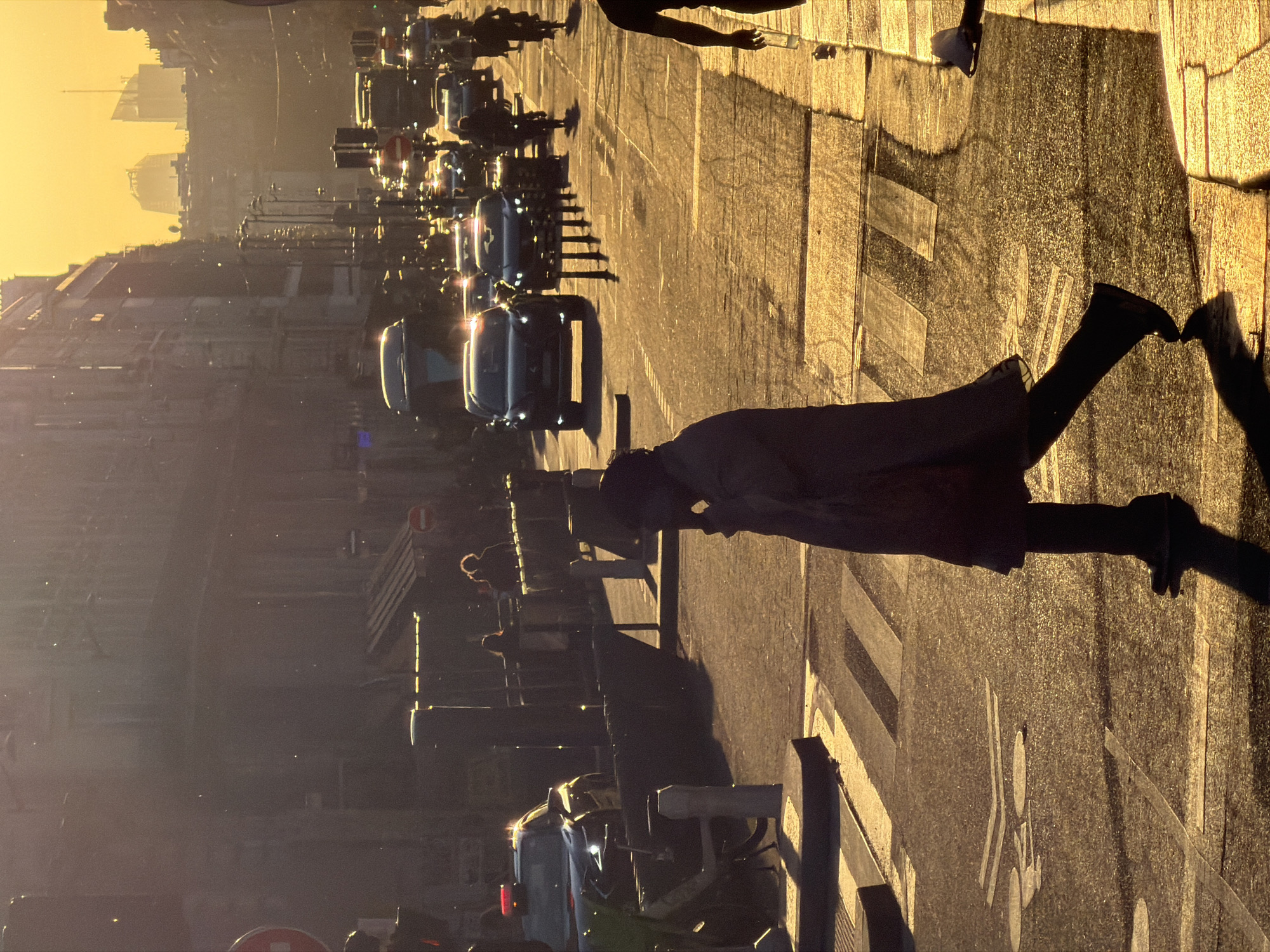 This media file captures a vivid urban street scene during the golden hour, likely sunset or sunrise, characterized by intense warm light and long, dramatic shadows. The overall tone is golden-yellow, creating strong silhouettes and reflections.
In the foreground, a prominent silhouette of a person, appearing to be a woman, is walking from right to left across a brightly lit street. She is clad in a long, dark coat or dress, possibly wearing a hat, and her distinct shadow stretches out behind her. In the upper right corner, another partial silhouette shows a person's legs and an arm holding a transparent bottle.
The street surface, which appears to be asphalt, is dappled with light and shadow, revealing road markings including white pedestrian crossing stripes and a discernible white stencil of a bicycle, indicating a dedicated lane. To the left, a line of cars is visible, their headlights and bodywork glinting brightly with reflected sunlight. Further down the street, multiple other people are present, some walking, some on bicycles, all appearing as dark silhouettes against the glowing backdrop. Streetlights and other urban infrastructure are also visible as dark, linear forms. A green utility vehicle or street sweeper is partially visible in the bottom left.
The background features a cityscape of buildings, silhouetted against a brilliant, almost uniform golden-yellow sky, which confirms the time of day and the source of the strong backlighting. The architecture suggests a European city setting, aligning with the provided context of Paris, France. The scene conveys a sense of quiet bustle, typical of city life, bathed in the striking natural light. No clear or legible text is visible within the image.
