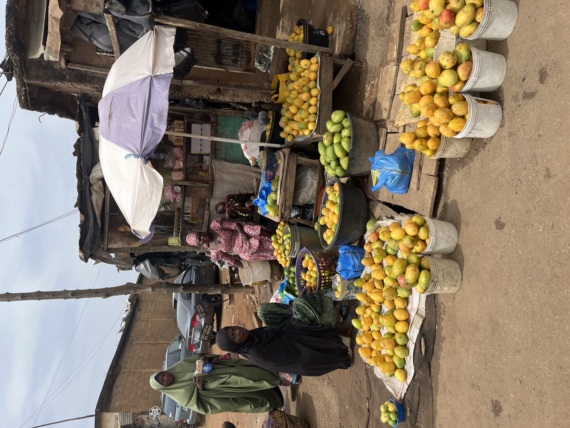 The image depicts an outdoor market scene in Rafin Par, Nigeria, with a focus on a fruit stall. Several women are present, with one woman in a green hijab and another in a black hijab sitting and attending to a large display of mangoes. A third woman, wearing a patterned dress and a headscarf, is seated behind a small table. Various buckets and baskets overflow with ripe mangoes, some green and some yellow, piled high on a white cloth spread on the ground. Other fruits, possibly limes, are visible in baskets. The stall itself is made of rough wood and corrugated metal, with shelves holding various packaged goods. A large white and purple umbrella provides shade over the stall. In the background, a dirt road is visible, along with parked cars and a brick wall. The sky is overcast, suggesting a cloudy day.