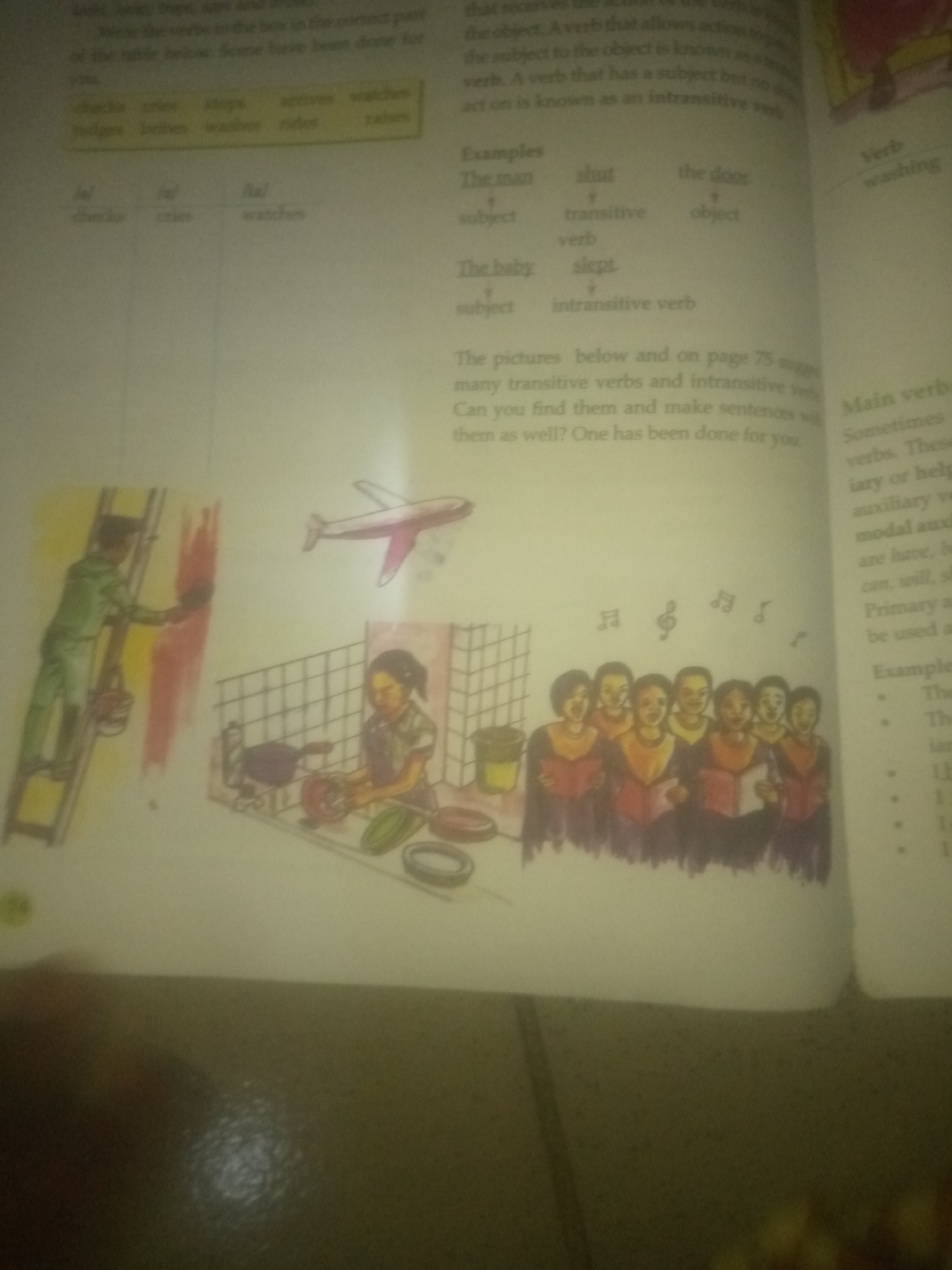 The image displays a page from a textbook or workbook focused on grammar. On the left side, there are illustrations depicting various actions: a person painting a wall from a ladder, a person washing dishes, an airplane in flight, and a group of people singing. Below these illustrations, there are tables with phonetic transcriptions and words. The right side of the page contains text explaining transitive and intransitive verbs, with examples. The content and illustrations suggest an educational context, likely for children learning English. There is no information in the image that relates to the city of Jauro Yinu, Nigeria.
