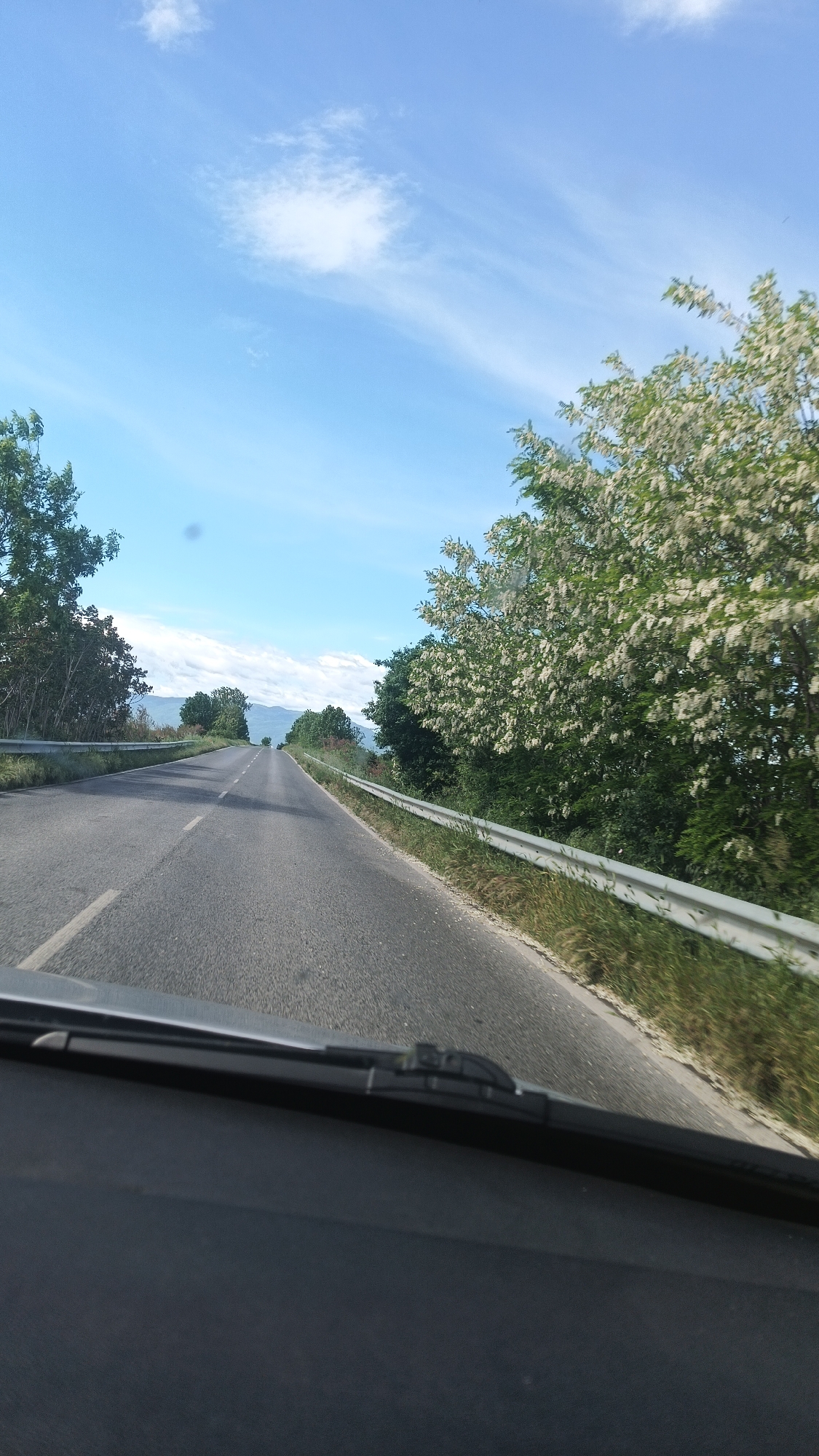 The image depicts a view from inside a vehicle, likely a car, driving on an asphalt road in Bogdanitsa, Bulgaria. The road stretches into the distance with trees lining either side. On the right, a safety barrier runs along the edge of the road. The sky is blue with scattered clouds. Distant mountains are visible on the horizon. No people are visible in the image.