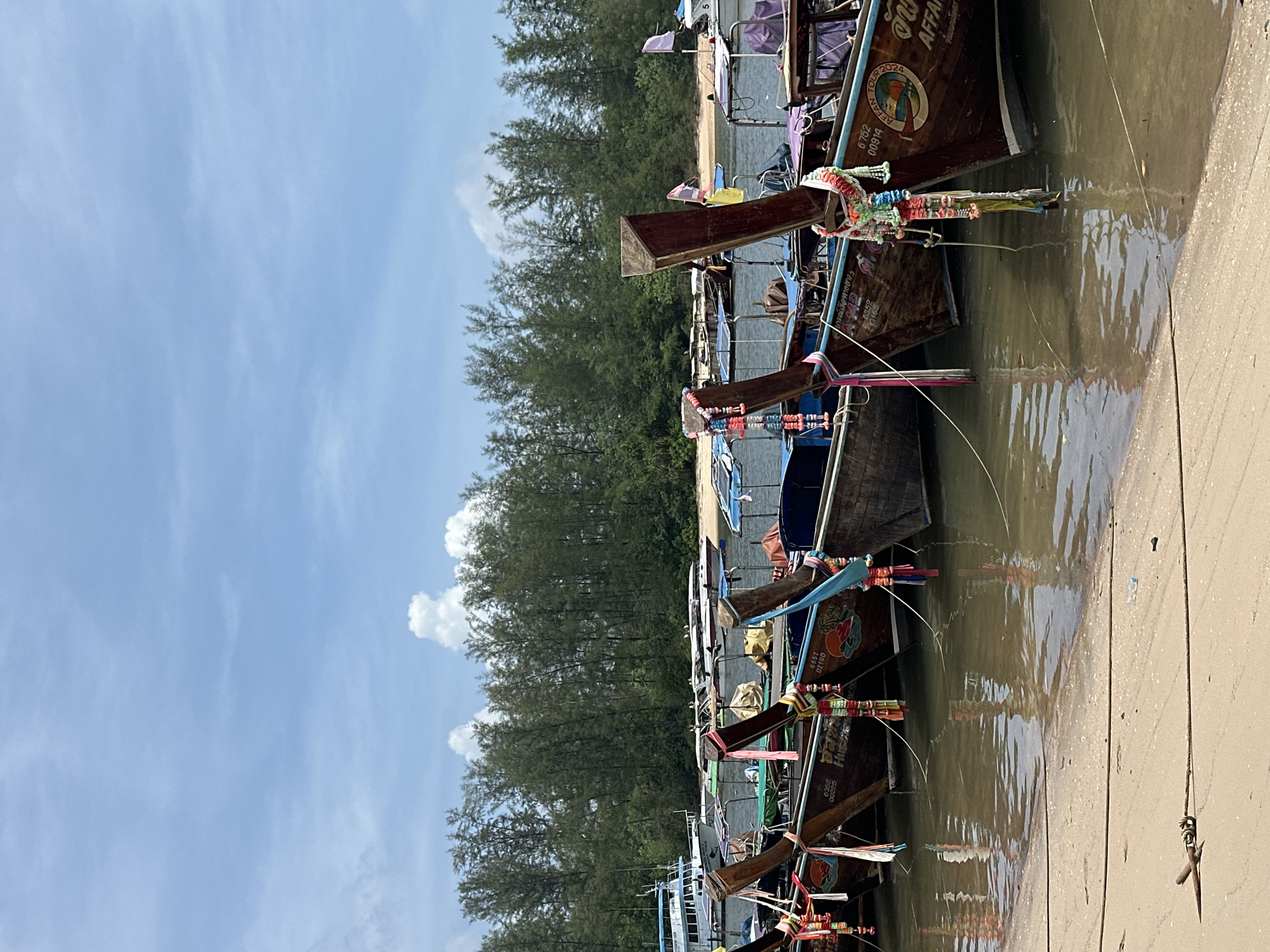 The image captures a scene of several traditional longtail boats docked along the shore in Ban Klong Haeng, Thailand. The boats are made of wood and are adorned with colorful garlands and flags, commonly seen in this region. They are lined up parallel to the sandy beach, with their prows facing outwards. The water is calm and appears somewhat murky. In the background, a line of dense green trees forms a backdrop, and beyond that, a light blue sky with scattered white clouds is visible. A larger white boat with multiple levels is docked further to the left, suggesting a larger harbor or tourist area. There are no people visible in the frame, but the presence of the boats indicates a location that likely serves as a departure point for sea excursions or transportation. The scene is illuminated by natural daylight, casting reflections on the water's surface.