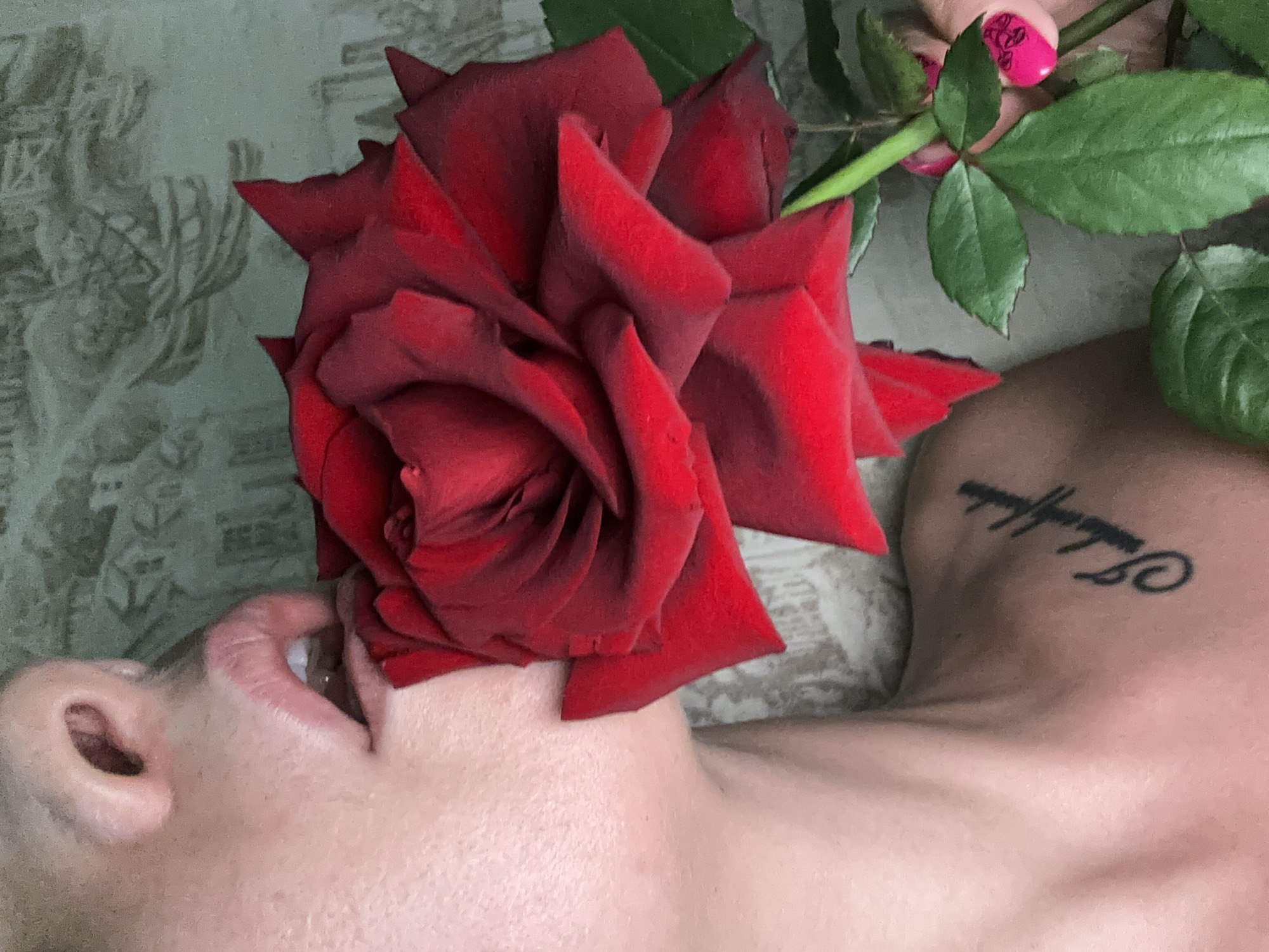 The image shows a close-up of a person's mouth and upper chest, with a red rose held between their teeth. The person's skin is visible, along with a tattoo on their shoulder that appears to be a script. A hand with bright pink nail polish is holding the stem of the rose. The background is a textured wallpaper with a subtle pattern. The lighting is soft, creating a warm and intimate mood. There is no discernible information within the image to determine the location in the city of Vladimir, Russia, or any other specific location.