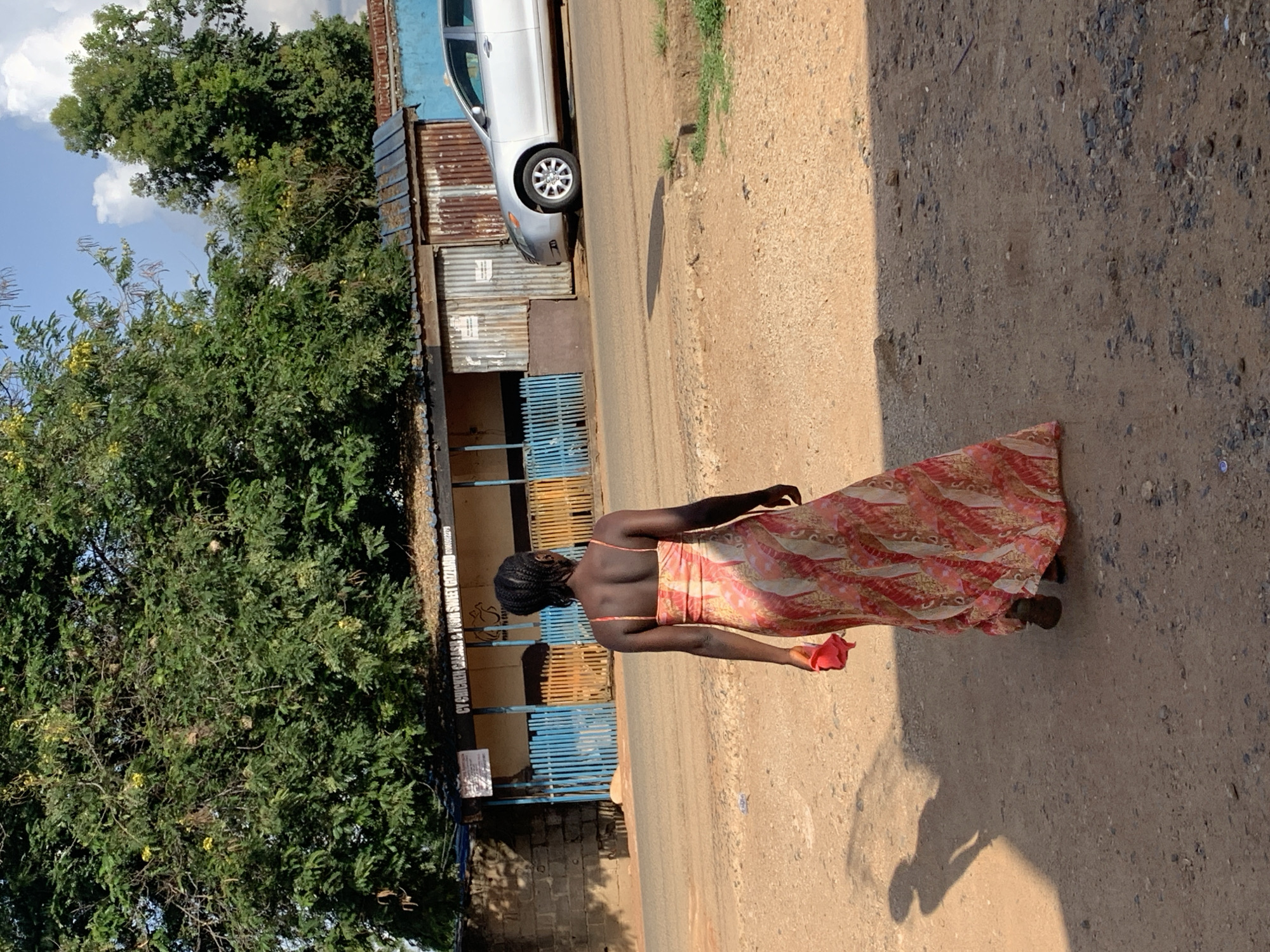 An outdoor scene in New Stadium, Nigeria, depicts a person walking away from the viewer on a dirt path under bright daylight. The individual, an adult female with dark skin and braided hair, wears a long, patterned sleeveless dress in shades of red, pink, and white, and holds a small red item in her right hand. Her elongated shadow is cast on the reddish-brown, gravelly ground to her left.
Behind the dirt path, a paved road is visible, bordered by a series of low-rise structures on the left. These structures include one with blue vertical wooden slats and a brown facade, and another with weathered, rusty corrugated metal walls. A sign above the blue section reads "CV CHICKEN GALASH & FRESH SWEET GIZZARD" followed by "07065992229". The roofs of these buildings are corrugated metal.
A silver sedan is parked facing left on the paved road on the right side of the image, with a patch of green vegetation nearby. Overhead, large, dense green trees dominate the upper left and right, with some yellow flowers visible in the foliage on the left. The sky above the trees on the right is blue with scattered white clouds.