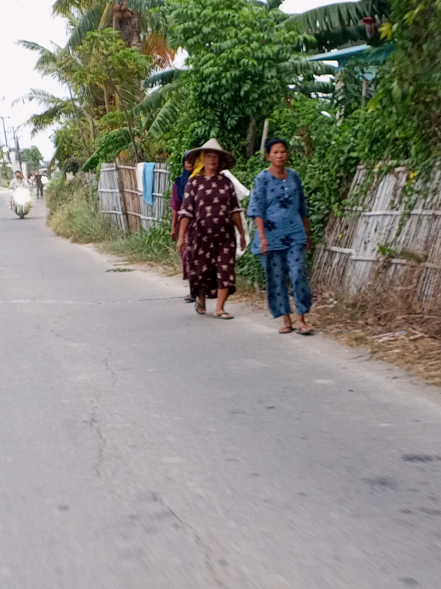 In Kadikaran, Indonesia, three individuals are walking along a paved road beside a bamboo fence. The person in the foreground on the right is a woman wearing a blue patterned outfit and sandals. To her left, another woman is walking, dressed in a dark patterned dress and flip-flops, and wearing a conical hat. A third person, wearing a purple garment and yellow headscarf, is walking behind them. A motorcycle is visible in the background on the left, along with lush vegetation and trees.