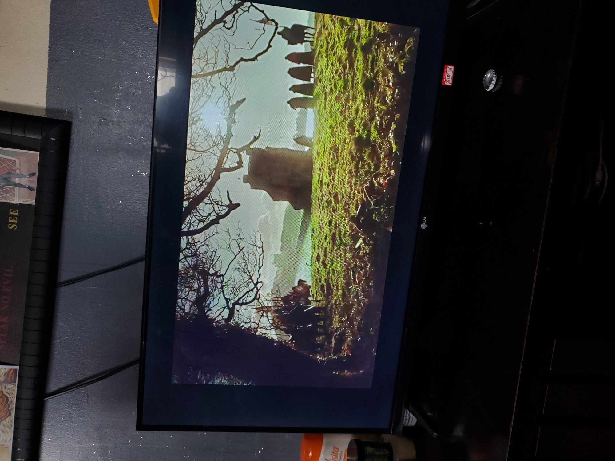 The image shows a television screen displaying a scene with a silhouette of a lone horse rider on the right, a group of figures in dark robes standing in a line on a grassy hill, and a weathered stone structure in the background. A large, bare tree branch partially obscures the view from the left. The setting appears to be an outdoor landscape with rolling hills and a bright sky.
The television is positioned on a black surface, likely a media console. To the left of the TV, there are some items on the surface, including a bottle of lotion and a green jar. Above the TV, there is a framed picture or artwork hanging on a wall, with text visible. The wall itself is textured and painted dark blue. The overall environment is indoors, with the focus being the content displayed on the television screen. There is no information within the image or its crops to determine a specific city like Winters, United States of America.