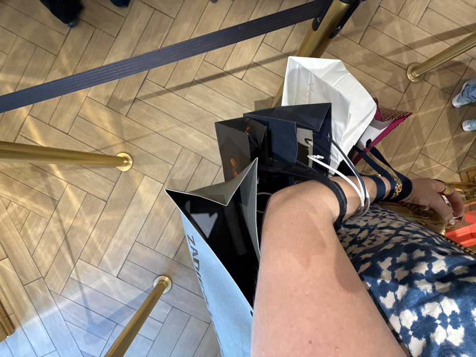 A first-person perspective shows an arm laden with shopping bags from various stores. The bags, some black and some white, are hanging from the arm, with their handles creating multiple loops. A patterned blue and white dress is visible. The backdrop includes herringbone-patterned flooring, stanchions with a dark blue belt, and golden poles marking a queue or waiting area.