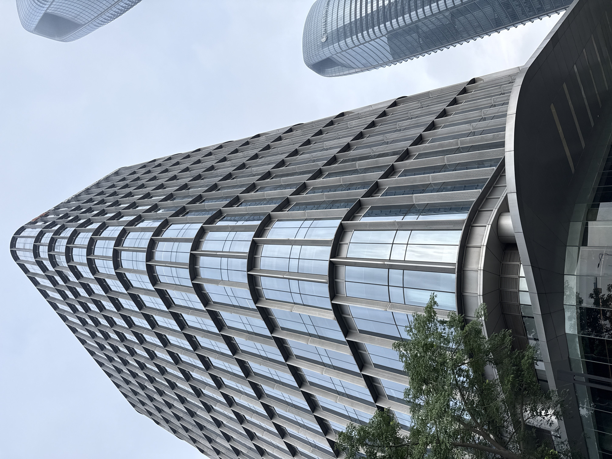 This is a low-angle, eye-level shot of a modern skyscraper in the Haizhu District, China, on an overcast day. The building features a facade of vertical metallic louvers and large, curved glass windows, giving it a sleek, contemporary appearance. To the right, another tall, glass-encased skyscraper with a distinctive curved top is visible in the background. A lush green tree with dense foliage is positioned in the foreground on the left, its branches reaching towards the building. The sky is a uniform, muted grey, indicating cloudy weather. The scene is devoid of any people or activity, focusing solely on the architectural structures and the natural element of the tree.