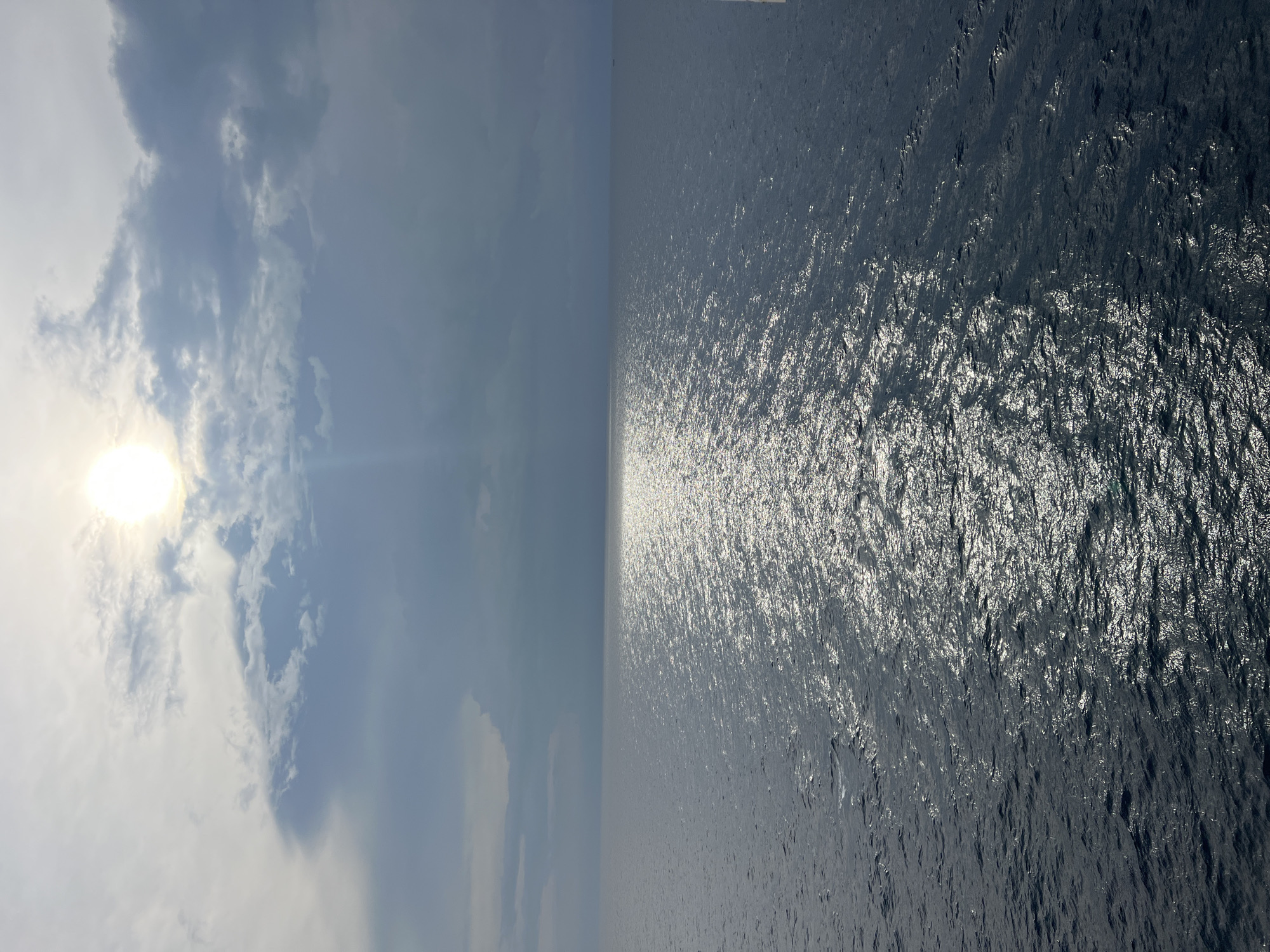 The image is a split view, with the left side showing a sky with clouds and the sun, and the right side showing the surface of the ocean. The sun is bright and positioned in the upper left quadrant of the sky, casting a lens flare and illuminating some of the clouds. The clouds are a mix of white and gray, with some appearing wispy and others more dense.
The ocean surface on the right side is dark and choppy, with sunlight reflecting off the waves, creating a shimmering effect. The horizon line between the sky and the ocean is a sharp, straight line running vertically down the center of the image.
The time of day appears to be daytime, likely late morning or early afternoon, given the brightness of the sun and the clarity of the sky. The weather seems fair with some cloud cover. The location is an open body of water, suggesting it could be an ocean, sea, or large lake. There are no people or objects visible in the image, and no text is present. The overall mood is one of natural beauty and vastness, with a sense of calm and serenity associated with the sea and sky.