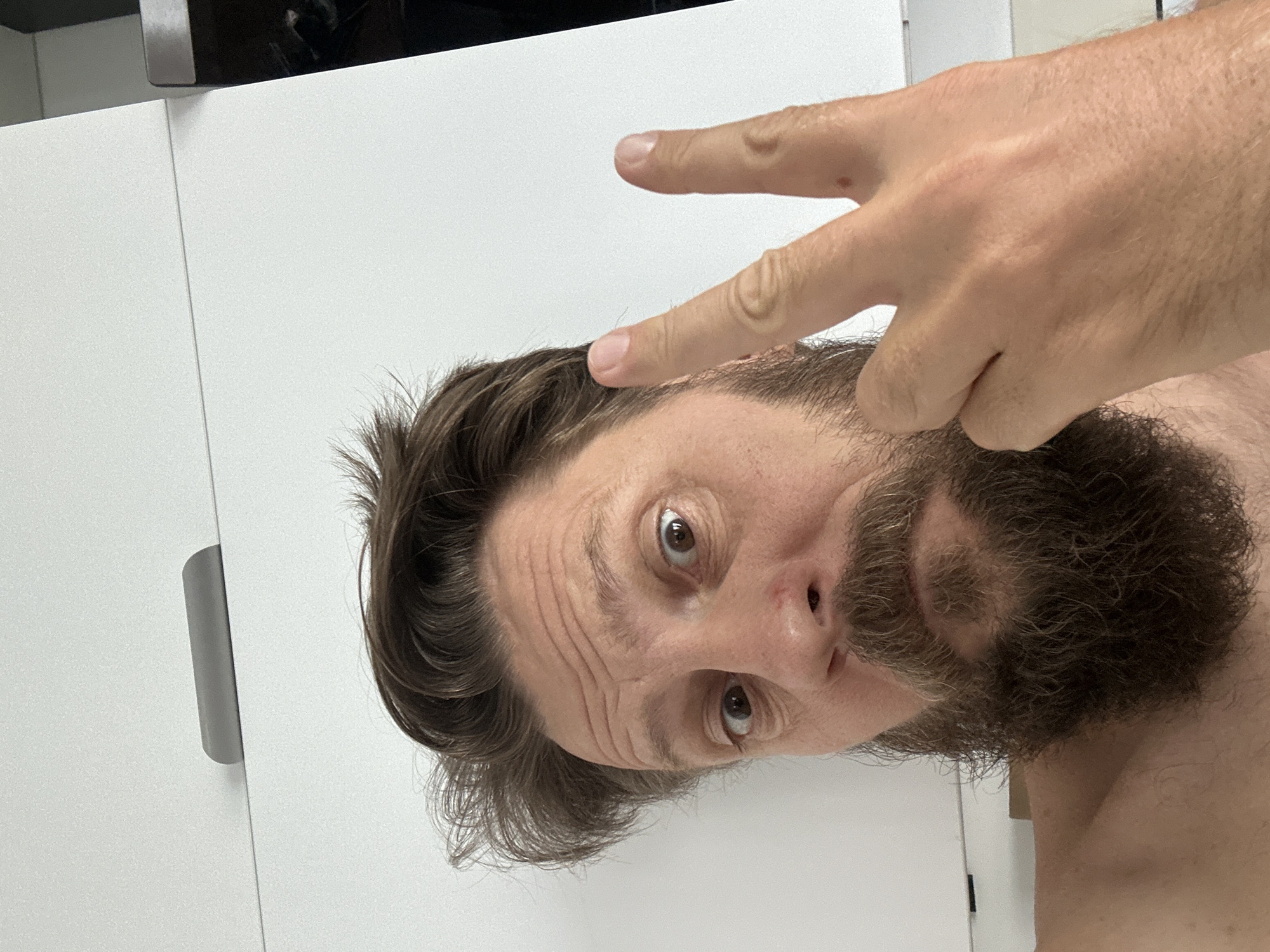 A close-up selfie shows a man with a beard and mustache, with disheveled brown hair. He is wearing a gray t-shirt and is making a peace sign with his right hand. The man's left hand is also visible, touching his face. The background consists of a white surface with a gray handle, likely a cabinet or drawer. The lighting is bright and natural. The scene is indoors, and the overall impression is informal. There is no indication of the location being Vsevolozhsk, Russia.