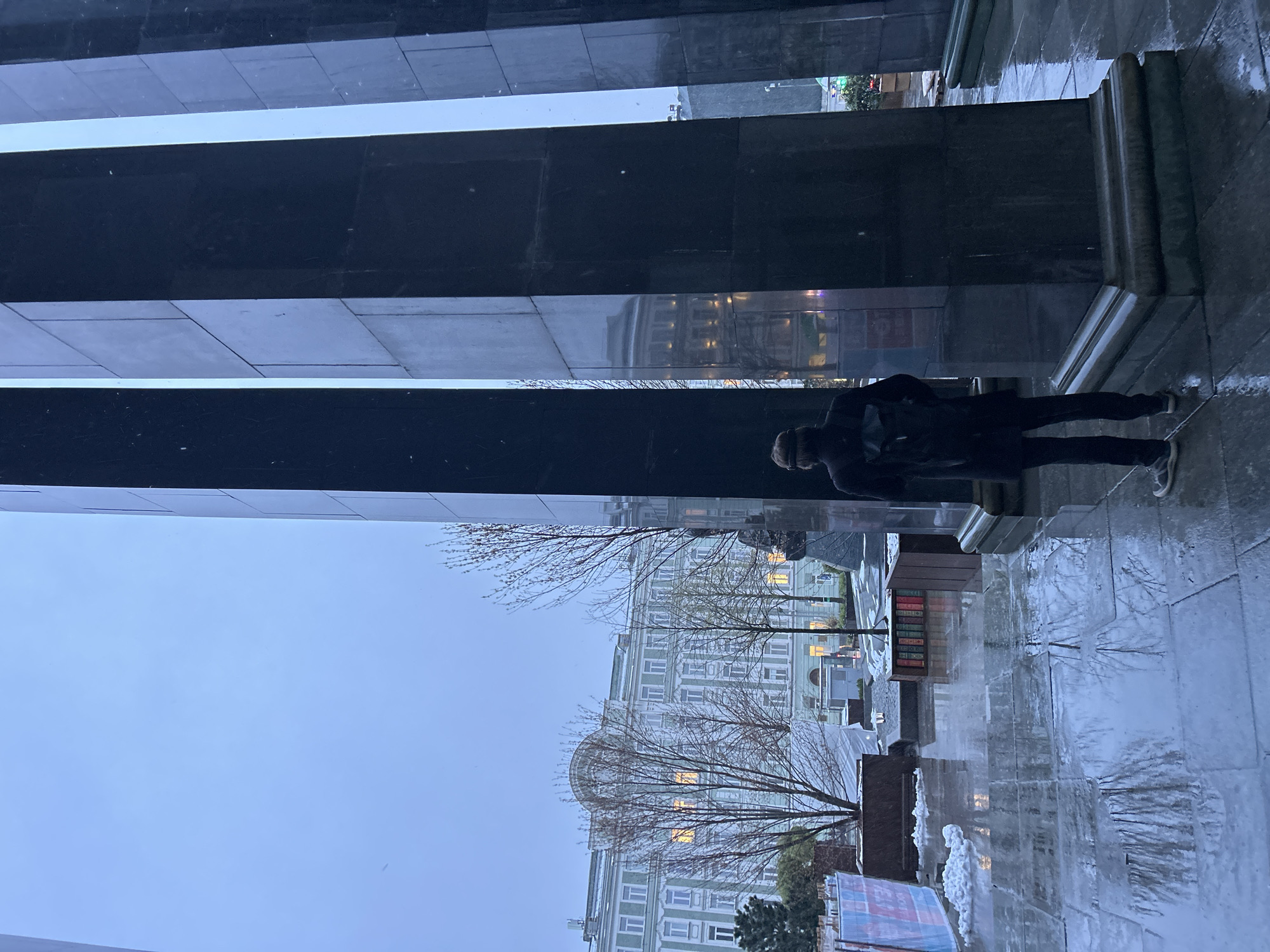 The image depicts an urban outdoor scene characterized by wet, reflective surfaces under an overcast sky, suggesting recent rain or damp conditions. The perspective is from ground level, looking towards a building in the background.
In the foreground, large, dark, and highly reflective vertical surfaces, possibly made of polished black stone or glass, dominate the left side of the frame. These surfaces mirror the muted sky and surrounding elements.
On the right side of the image, a lone individual stands, facing slightly away from the viewer. They are dressed in dark clothing, including a jacket and pants, and appear to be carrying a backpack. Their head shows light-colored hair or a light beanie.
The ground is paved with flagstones that are visibly wet and reflective, mirroring the bare branches of trees and the ambient light. Several leafless trees are scattered in the mid-ground, their forms silhouetted against the dim sky. Patches of snow on the ground indicate a cold season, likely winter or early spring.
In the background, a large, multi-story building with a light-colored facade, possibly pale green or blue-grey, features numerous windows, some of which are illuminated, suggesting it is either dusk or early morning. This building displays classical architectural elements, including columns and a domed section.
Near the mid-ground, on the right, a small, open wooden structure resembling a public bookshelf contains a row of colorful books. Partially visible construction barriers or signs are present in the bottom right corner; one barrier shows indistinct text, possibly "ВЕМ" or "BEM". The overall atmosphere is quiet and somewhat subdued due to the dim lighting and damp weather.