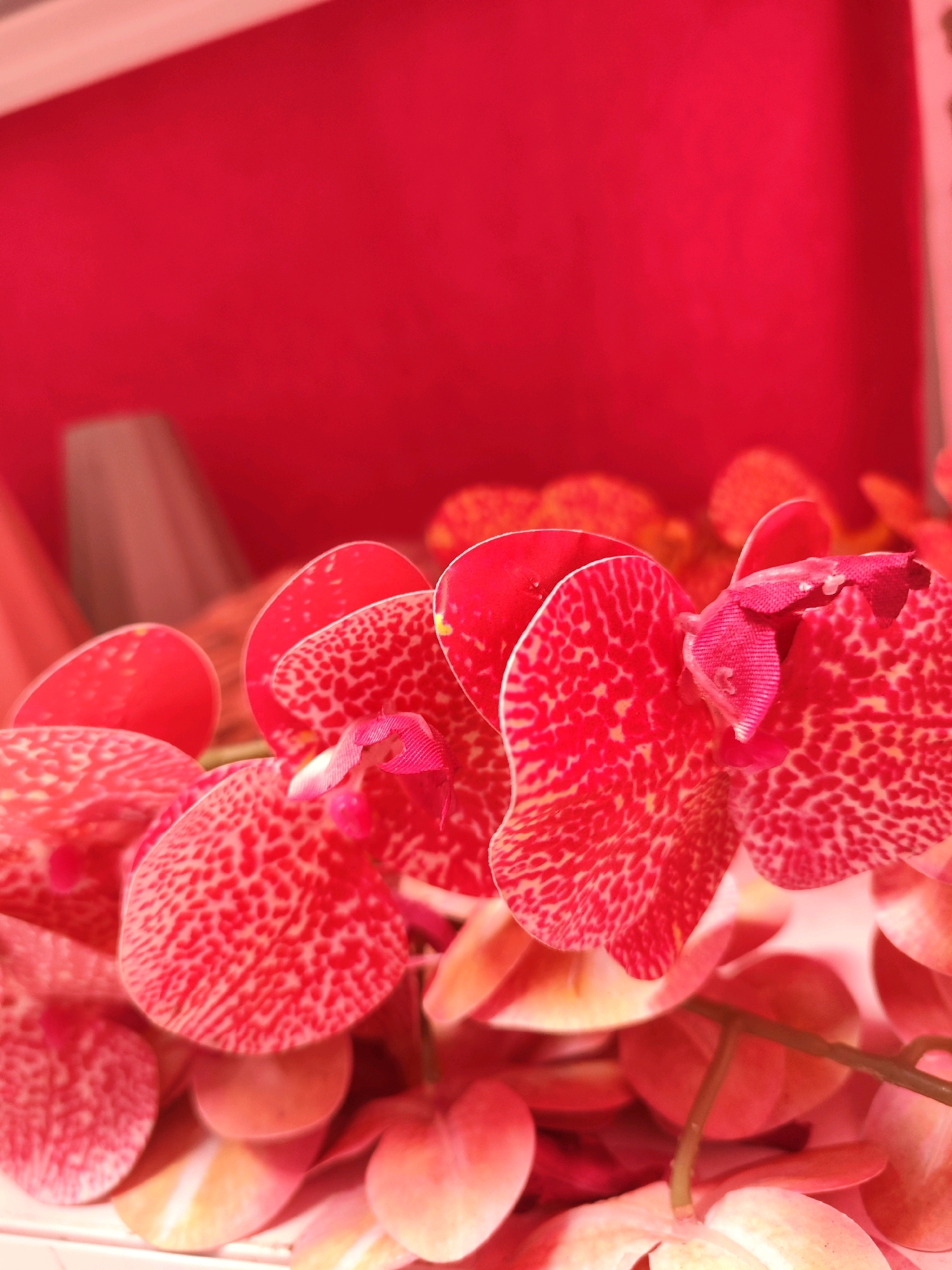 This is a close-up, eye-level, indoor photograph of a bouquet of artificial red orchids with pink speckles. The background is a solid, vibrant red. The orchids are in focus in the foreground, with some appearing slightly blurred as they recede. The lighting appears to be artificial, casting a warm glow. There are no people or animals present in the image. The scene is a still life arrangement, likely for decoration. The image does not contain any elements that would allow for a specific location within Sragen, Indonesia to be identified.