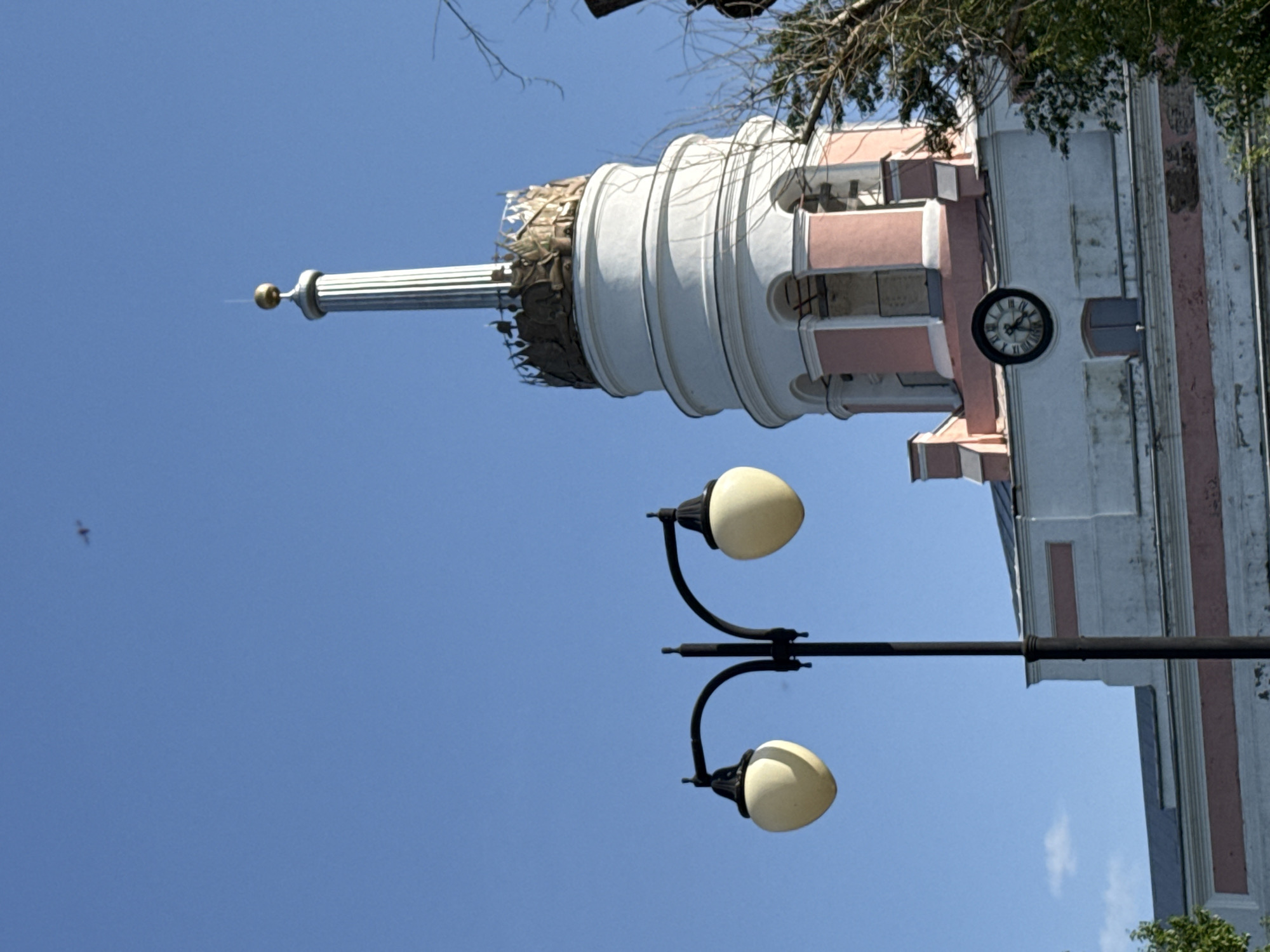 The image shows a low-angle view of the Central Tower in Izhevsk, Russia, taken on a clear, sunny day. The tower, with its white and pink facade, features a clock on one side and a spire topped with a golden ball. A street lamp with two globe-shaped lights is positioned in the foreground, obscuring a portion of the tower's base. Tree branches and leaves are visible at the top of the frame. A small insect can be seen flying against the blue sky.