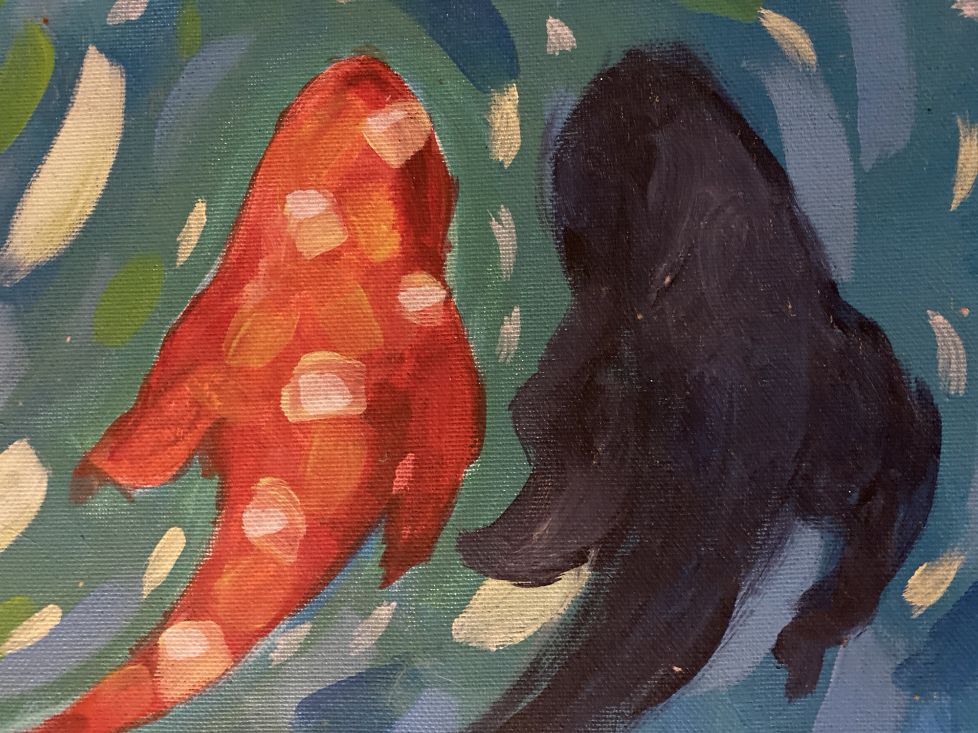 The image is a close-up section of a painting, likely on canvas given the visible texture. The dominant subjects are two abstract figures resembling fish or creatures. One is predominantly red with white markings. The other is a solid dark blue-black color. They appear to be facing each other in a swirling blue-green environment suggesting water. Strokes of white, green and yellow paint are scattered throughout, possibly representing light or plant life in the water. The painting is not realistically rendering a scene from Budva, Montenegro, but it may have been painted there.