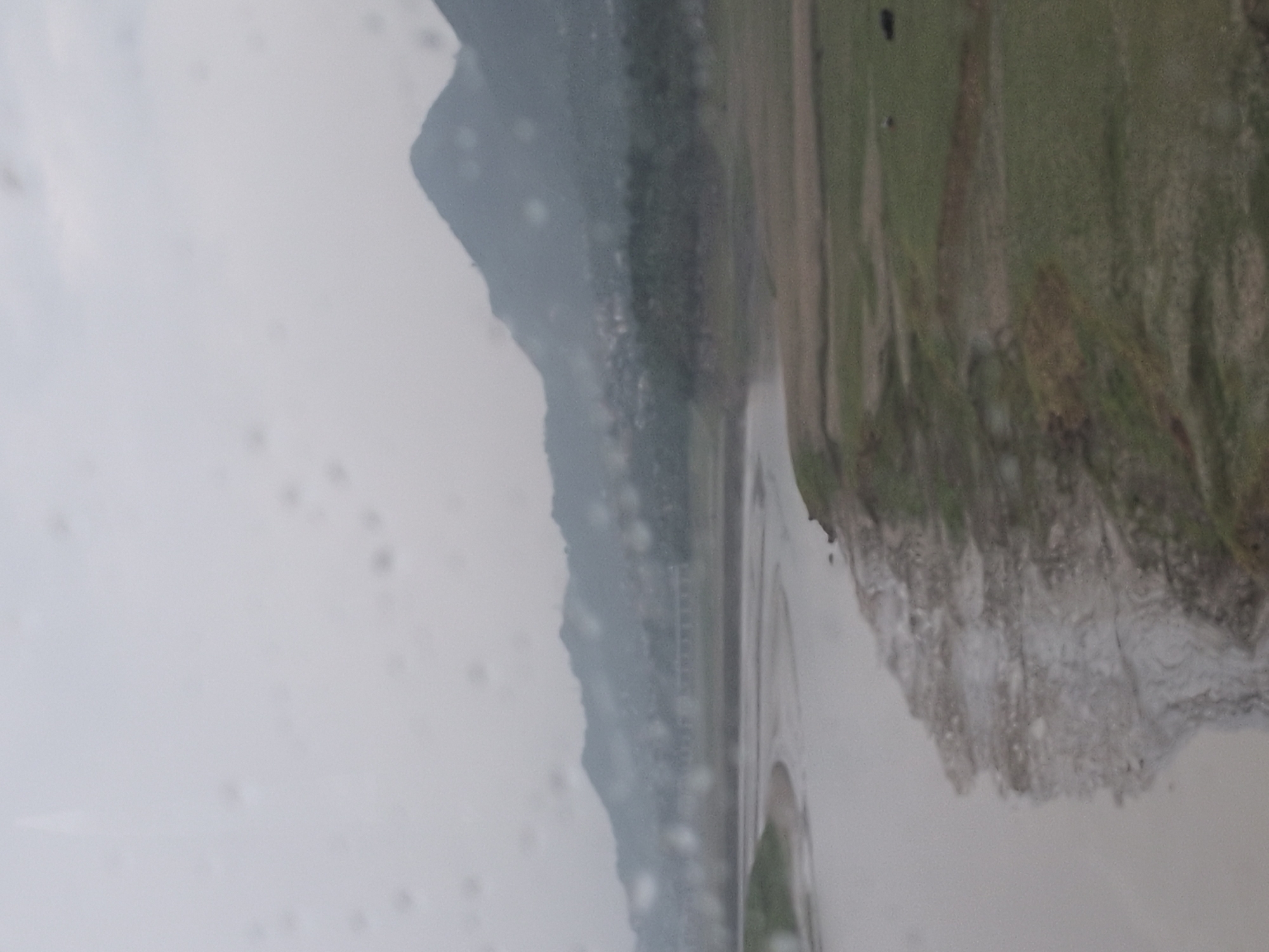 The image captures a landscape scene under an overcast sky, featuring a wide, muddy river flowing in the foreground. The riverbank is uneven and appears to be composed of mud and some sparse vegetation. Beyond the river, a gently sloping, grassy terrain stretches out, dotted with patches of darker earth and vegetation. In the middle ground, a cluster of trees forms a dense line, and behind them, a town or village with buildings is visible nestled at the foot of a mountain range. The mountains themselves are hazy and indistinct due to the atmospheric conditions and distance, their peaks blending with the cloudy sky. The overall impression is one of a rural or semi-rural environment, possibly near a body of water, with a backdrop of rolling hills or mountains. The image appears to have been taken through a window with water droplets on the glass, causing some distortion and obscuring finer details. Without specific landmarks or context, it is not possible to definitively identify the location within Bilaspur, India, but the landscape suggests a region with rivers, hills, and settlements.