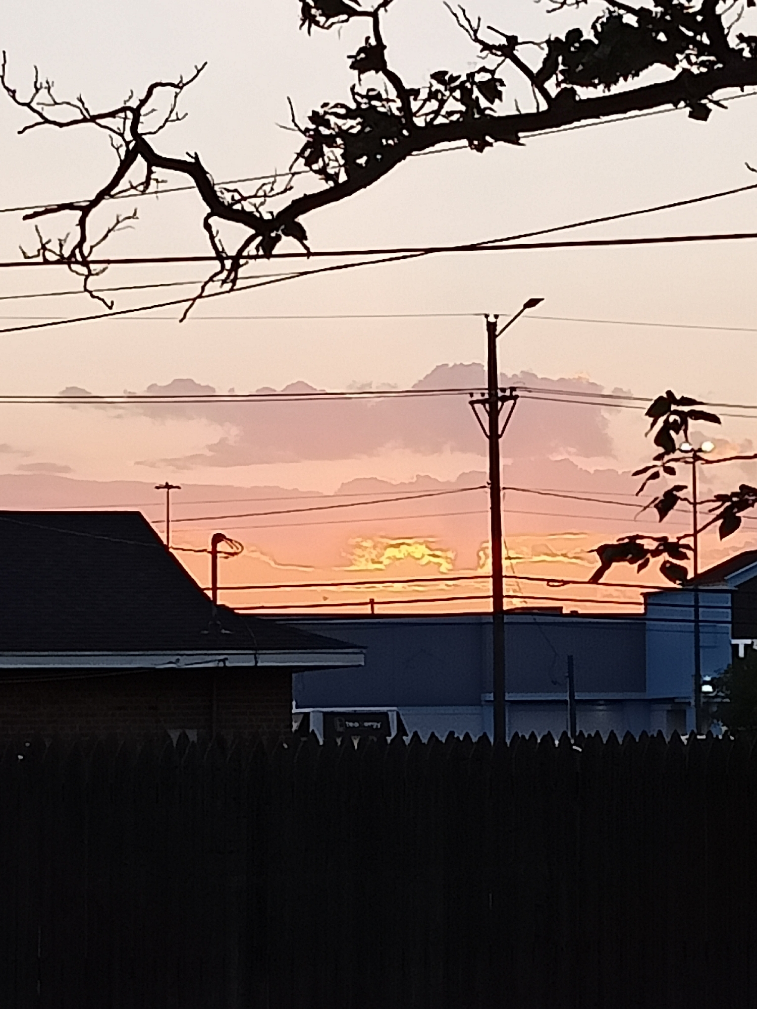 This is a low-angle, full-shot photograph taken at sunset in Amarillo, Texas. The sky is filled with pastel clouds in shades of pink and orange, with a bright yellow glow on the horizon. A silhouetted tree branch with bare limbs extends from the top left corner of the frame, crossing over power lines. Another silhouetted tree with leaves is visible on the right side of the image. In the foreground, a dark wooden fence runs horizontally across the bottom of the frame. Behind the fence, the dark roof of a brick building is visible on the left, and a blue-grey building with white trim is on the right. A utility pole with power lines stands in the center of the image, with a street lamp attached to it. The overall scene depicts a suburban or commercial area at dusk.