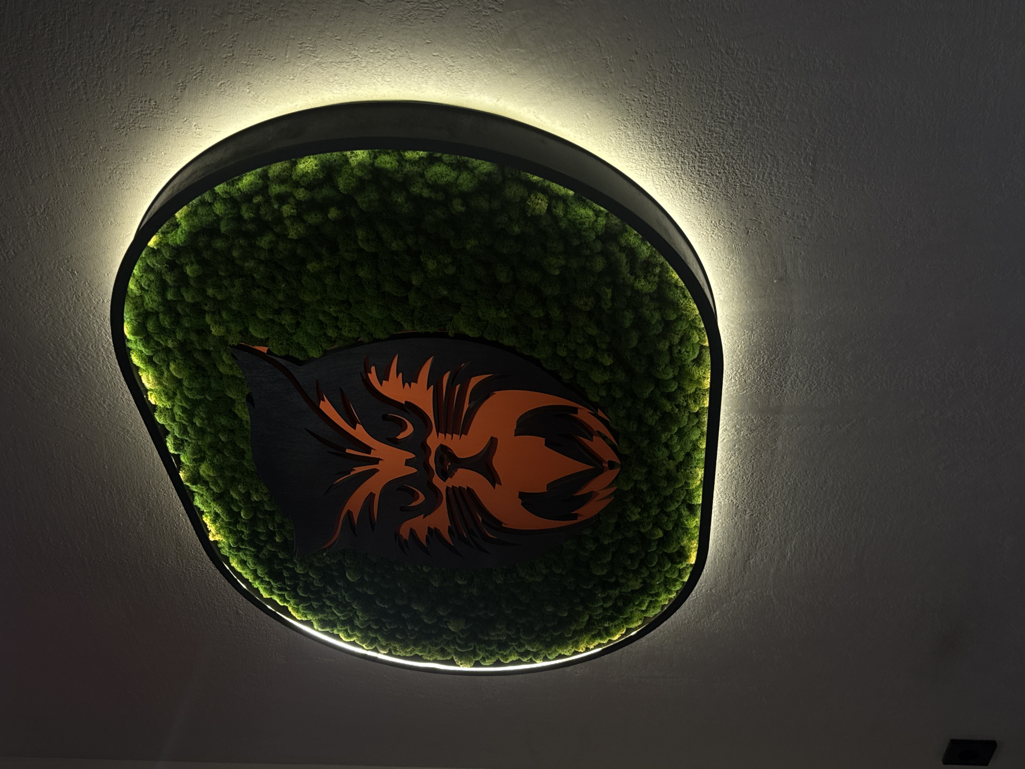 The image depicts a ceiling-mounted, illuminated oval-shaped design feature. The design consists of a black border that contains a bed of bright green moss. Within the moss is a stylized, abstract silhouette of a head, rendered in a combination of black and orange. A strip of light illuminates the perimeter of the oval, creating a halo effect around the edge. The ceiling itself is a light grey and has a lightly textured surface. The image was taken in Izhevsk, Russia.