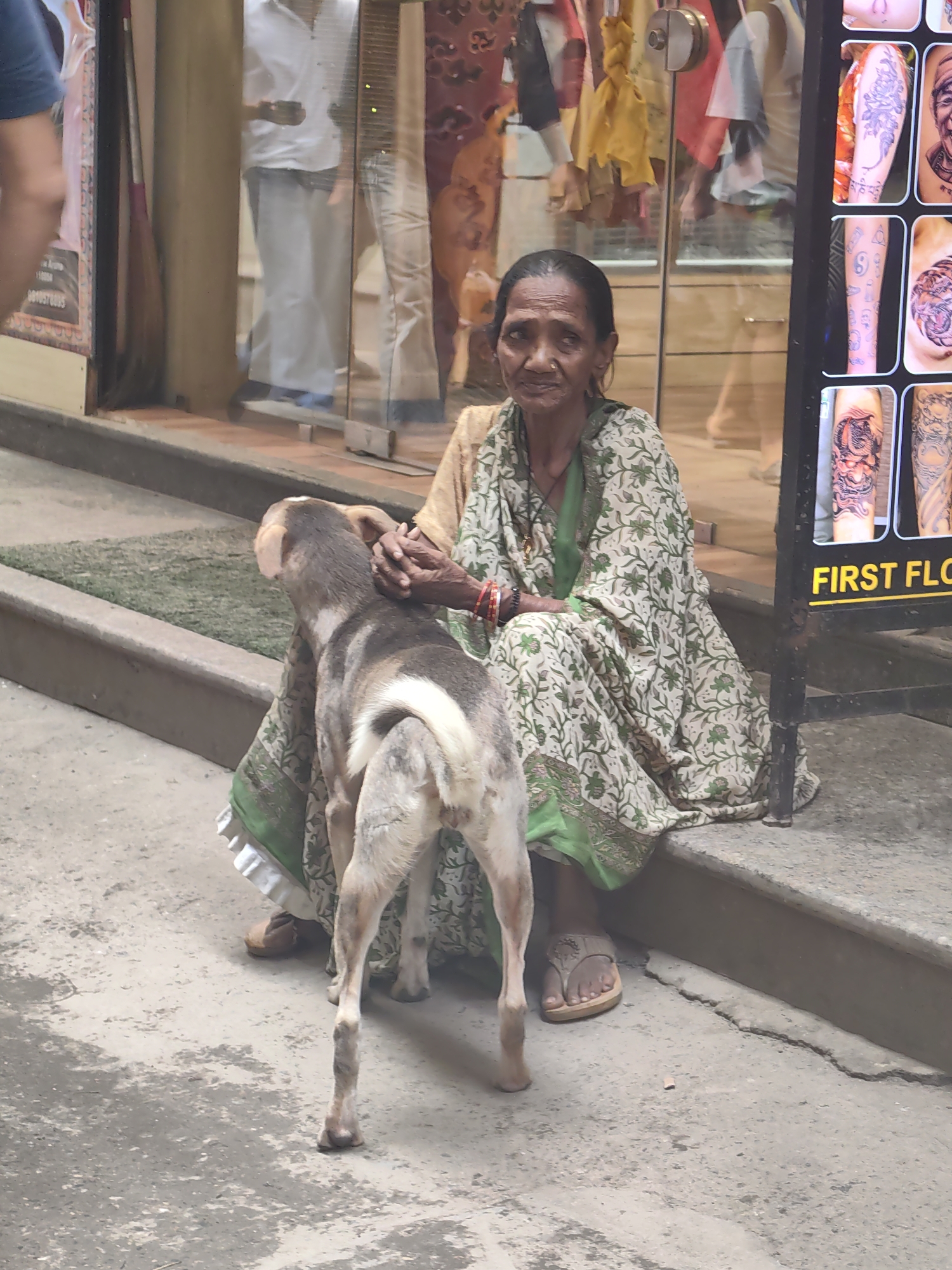 An elderly woman is sitting on a step in front of a shop. She is wearing a green and white floral patterned sari and a green blouse. Her hands are clasped in her lap. A light-colored dog with brown markings is standing in front of her, facing away from the camera. Behind the woman, the shop window displays various items. A sign with the words "FIRST FLO" in yellow is visible on the right side of the frame. The street in front of the shop is paved with concrete. The scene appears to be in a busy urban area, likely Delhi, India, given the context of a street vendor environment and cultural attire.