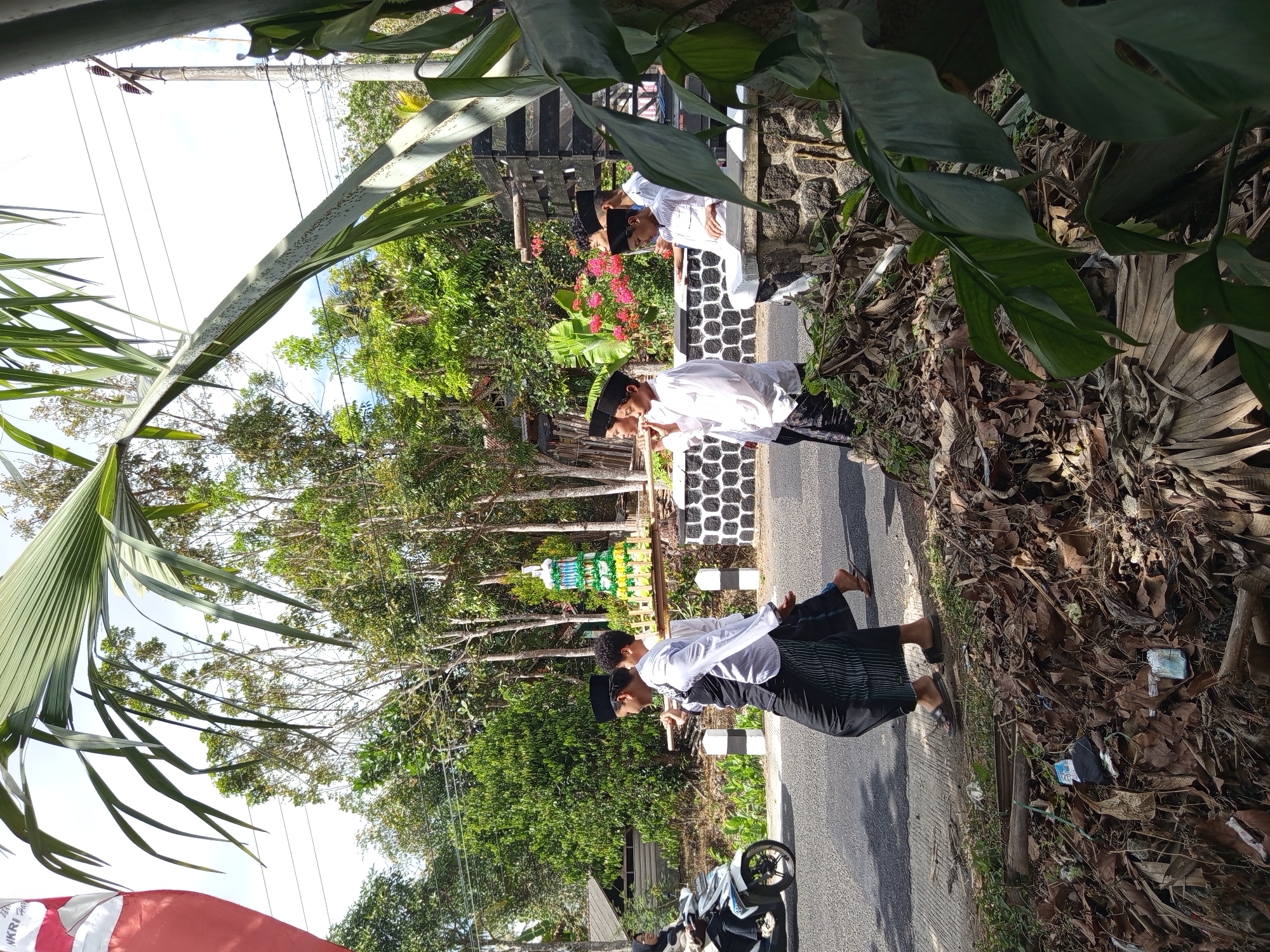 In Donomulyo, Indonesia, several young males, dressed in white shirts and black peci hats, are participating in a procession. They are carrying a structure adorned with green and yellow decorations, which appears to be some sort of religious or ceremonial float, on poles. Two of the individuals are walking side-by-side and carrying the structure, while others follow behind. A woman is visible on a scooter in the background, and a small building is situated to the left of the scene. The procession is taking place on a paved road, with a low stone wall and a brick wall with a patterned design to the right. Lush green foliage and trees surround the area, with power lines and utility poles visible overhead. The ground along the side of the road is covered in dry leaves and debris.