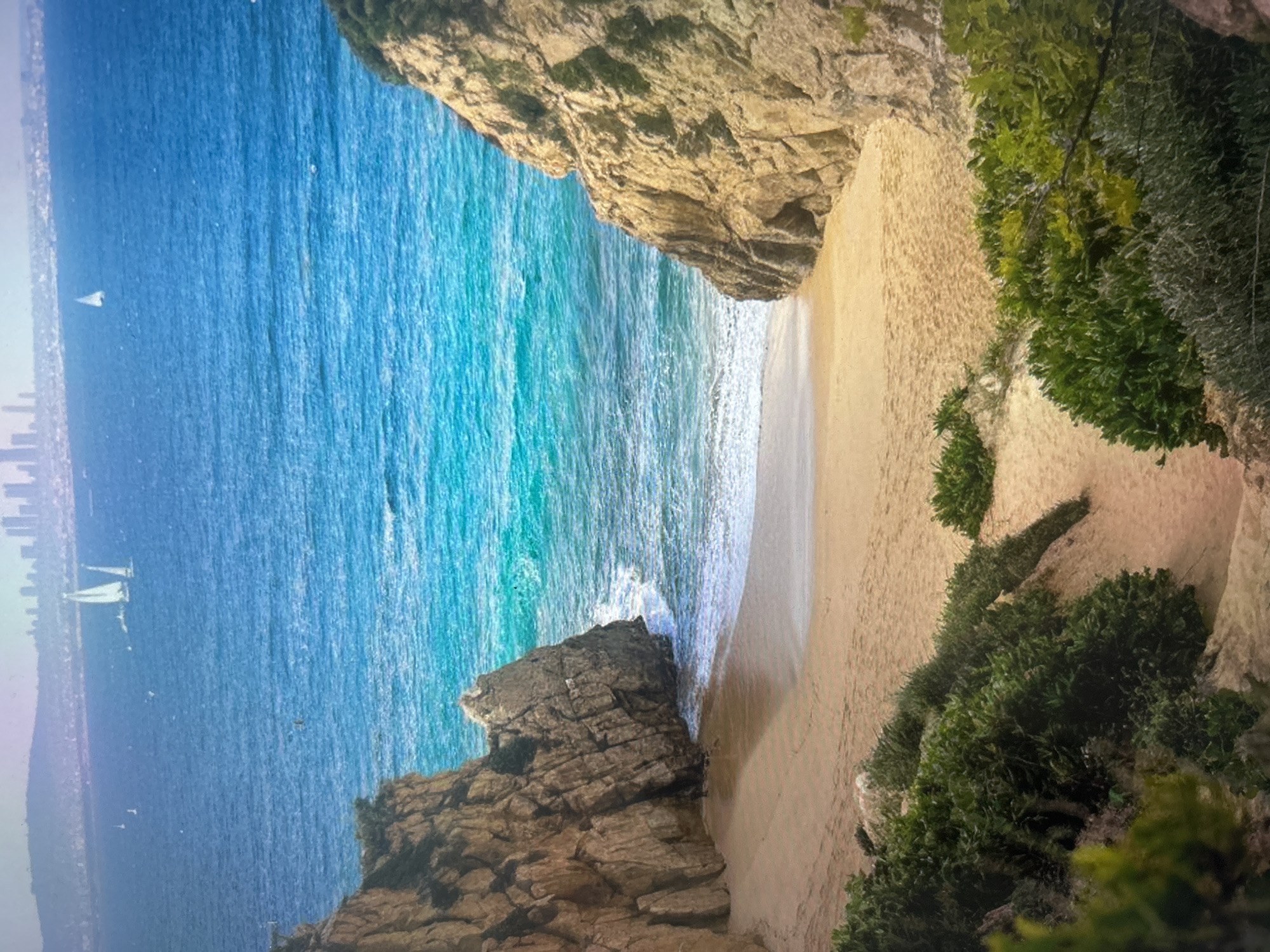 The image, when viewed in its correct orientation (rotated 90 degrees counter-clockwise), captures a picturesque coastal scene from an elevated perspective. The focal point is a secluded sandy beach nestled between rugged, rocky cliffs.
The vibrant blue and turquoise waters of the ocean dominate the left side of the frame, showing gentle waves breaking onto the golden sand of the cove. The water exhibits a beautiful gradient, shifting from a deep blue further out to a clearer, lighter turquoise near the shore. Several white sailboats are visible in the distance on the serene water, and beyond them, a faint city skyline can be discerned on the horizon, suggesting a mix of natural beauty and urban proximity.
The cliffs flanking the beach are textured and weathered, displaying earthy tones of brown and grey. Lush green vegetation, including shrubs and possibly small trees, grows on the cliff faces and slopes, adding a touch of verdant life to the rugged landscape. The right side of the image features a significant portion of these green plants, contrasting with the sandy and rocky terrain.
The scene depicts a calm and sunny daytime, with clear visibility. There are no people visible on the beach or cliffs, contributing to a sense of tranquility and untouched natural beauty. No discernible text is present in the image.