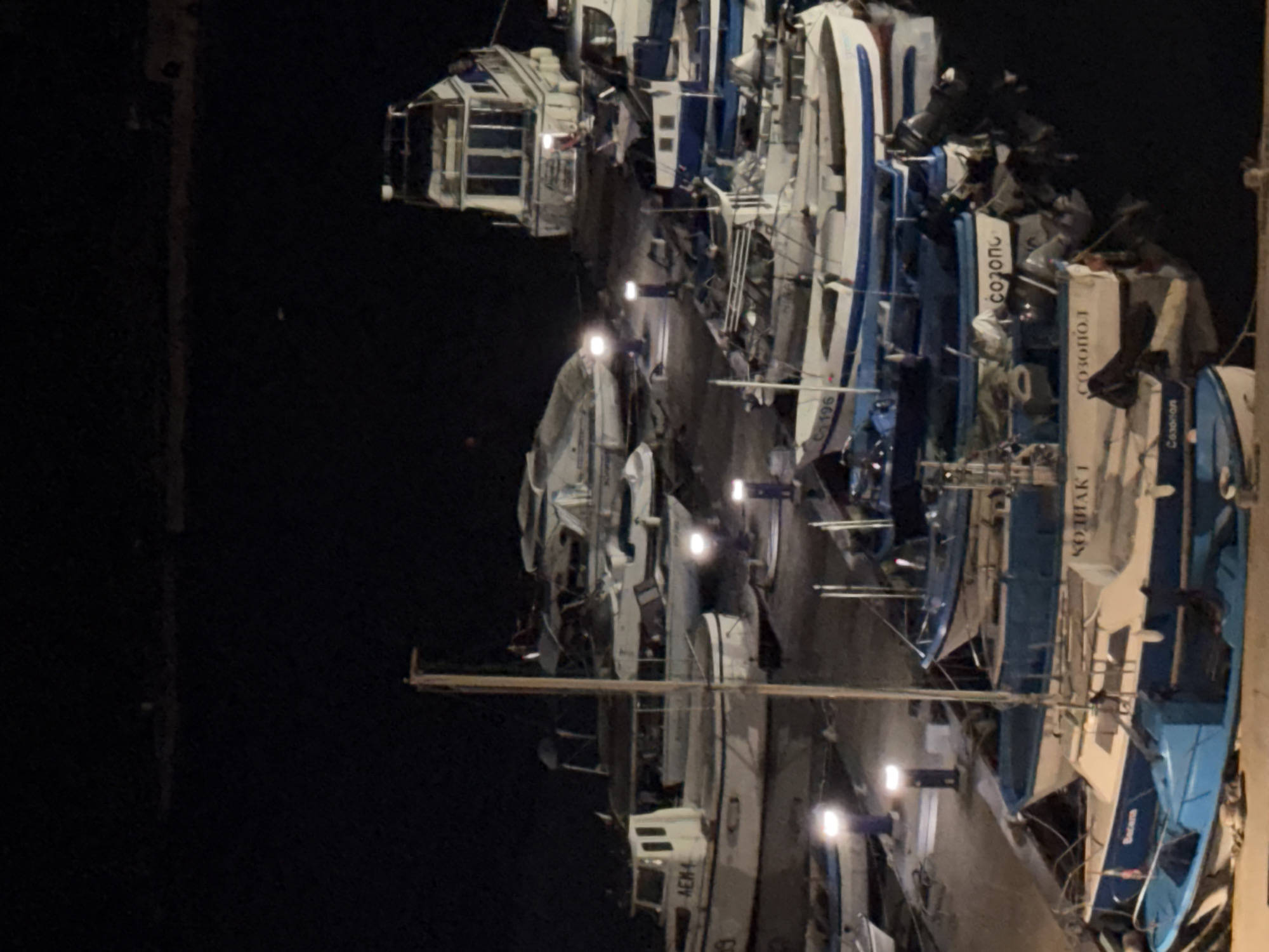 The image captures a harbor or marina at night, filled with numerous boats docked along a pier. The scene is illuminated by artificial lights from poles and potentially from the boats themselves, creating bright glows against the dark sky and water.
Many boats of varying sizes are present, ranging from smaller vessels to larger tour or fishing boats, featuring white hulls and superstructures with blue or black accents. Several boats have enclosed cabins, and some display masts, indicating they might be sailboats or equipped for sailing. Docking infrastructure, such as piers or jetties, is faintly visible.
No people are discernibly present in the image, and the boats appear stationary, suggesting a quiet, calm night in the harbor.
Notable details include the time of day, which is clearly nighttime, and the peaceful atmosphere. Several boats have text visible on their hulls. The word "СОЗОПОЛ" (Sozopol) is clearly inscribed on at least two boats, with one also showing "СОЗОПОЛ 1". Another vessel has "ВОДЯК 1" (VODYAK 1) written on its side. Further visible text includes "АБВ" (ABV), "С 196", and a smaller, less distinct "Sosopol" on a blue-hulled boat. These inscriptions reinforce the location as Sozopol, Bulgaria.
