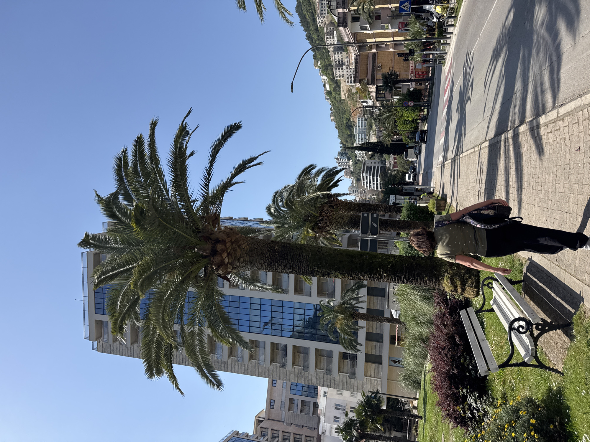 This media file depicts an urban street scene in Budva, Montenegro, under a clear, bright blue sky. The image appears to be taken during midday or early afternoon, evidenced by the strong, well-defined shadows cast across the street.
In the foreground and midground, a woman, seen from behind, is a central subject. She wears a light green long-sleeved top, dark trousers, and carries a dark bag slung over her shoulder. She is standing on a paved sidewalk next to a prominent, tall palm tree. Adjacent to her and the palm tree is a white park bench with ornate black metal armrests, situated on a patch of green grass with some small yellow flowers and dark red shrubs.
Behind the large palm tree, a modern multi-story building with a facade of reflective blue windows and light-colored panels stands out. Numerous other palm trees are scattered throughout the scene, contributing to the Mediterranean setting.
To the right of the woman and palm tree, a paved street runs parallel to the sidewalk. Long, distinct shadows of palm fronds stretch across the asphalt. Several cars are visible on the street, and pedestrian crossings are marked. Across the street, various buildings line the thoroughfare, some appearing older with balconies, while others are newer structures. In the distance, a hillside covered with more buildings and greenery rises, characteristic of Budva's landscape.
A notable detail is a sign on a building across the street that reads "MY RENT," suggesting businesses related to tourism or vehicle rentals. The overall impression is a sunny, bustling urban environment typical of a coastal resort town.