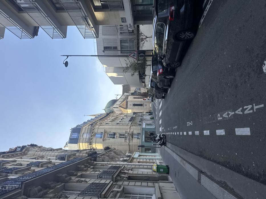 The image presents a vibrant, sunlit urban street scene, viewed from a slightly low angle looking down the street. The sky, a clear, bright blue, occupies the upper portion of the frame, indicating good weather and daytime.
On the left side of the street, there is a magnificent multi-story building with ornate classical architecture. It features numerous windows, intricate balcony railings, and decorative stonework on its facade. Some upper levels have dormer windows set into a mansard roof. At street level, a shopfront is visible with a sign that appears to read "YOODNNA HAUO," although some letters are partially obscured. A green public trash bin is situated on the sidewalk in front of this building, and further along, two scooters or motorcycles are parked.
The street itself is paved with asphalt. A line of dark-colored cars, predominantly black sedans and wagons, are parked neatly along the right curb. White dashed lines are painted on the road surface, likely marking parking zones or lane divisions. Prominently stenciled in white on the asphalt near the parked cars, the word "PAYANT" is clearly visible, indicating paid parking. Other faint white markings, such as "EO-03," can also be discerned on the road.
On the right side of the street, the buildings closer to the foreground appear more modern, some with balconies. Further down, the architecture transitions to more traditional, multi-story buildings lining the street. A black street lamp extends towards the sky from the left side of the street. A triangular road sign, yellow with a red border, depicting two black silhouettes of children (one larger, one smaller) walking, is affixed to a pole on the right side of the road, suggesting a school zone or pedestrian crossing ahead.
In the distance, at what seems to be the end or a bend in the street, a large, light-colored building with a distinctive green-domed roof and a slender spire rises above the other structures, possibly a church or a significant public building. The overall impression is that of a bustling European city street, likely in France due to the "PAYANT" signage, characterized by a mix of historical and contemporary architecture under a bright, clear sky.