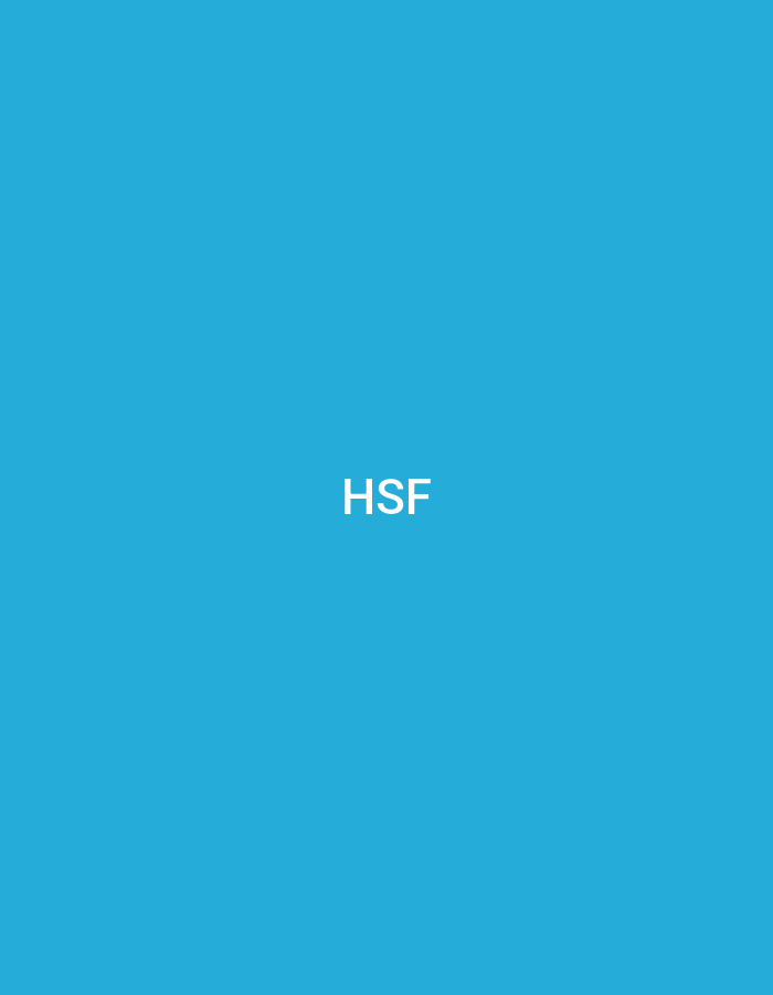 The image displays a flat, uniform field of medium cyan-blue. Centrally positioned against this background are the three capital letters "HSF," rendered in white, sans-serif typography. No other visual elements, figures, objects, or activities are depicted within the frame. This visual artifact is presented within the context of the city of Casablanca, Morocco.