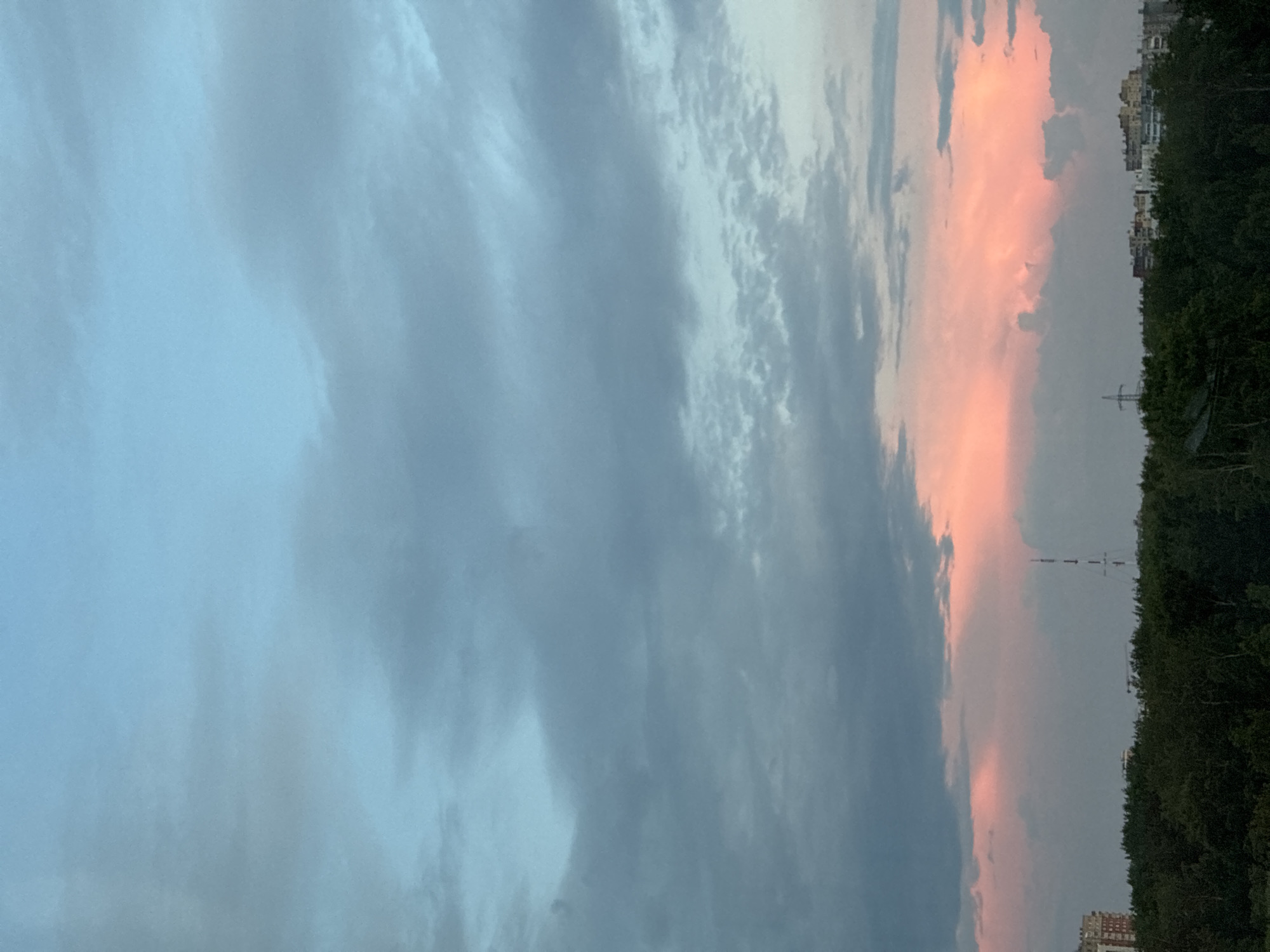 The image captures a vast sky transitioning from a pale blue to a band of soft pink and orange hues near the horizon, indicative of a sunset or sunrise. Scattered clouds, varying in shade from light gray to dark, drift across the sky, creating a textured canopy. Below the sky, a dense line of dark green trees forms a natural border. Beyond the trees, the silhouette of a city is visible, with buildings of various heights and a tall, lattice-like tower or antenna standing out against the sky. The overall scene suggests an urban environment viewed from a distance at dusk or dawn.