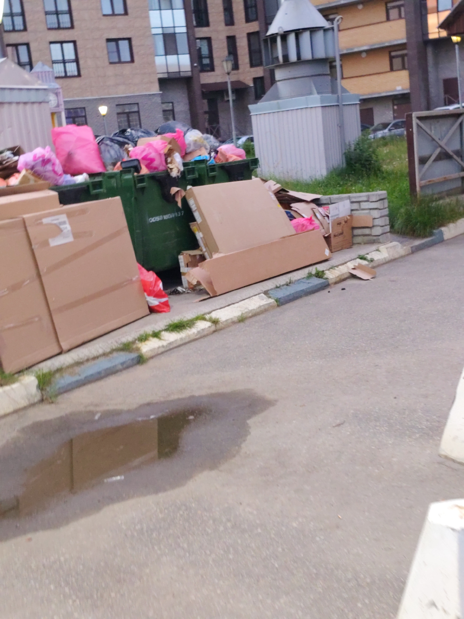 The image shows an overflowing dumpster filled with various types of trash, including plastic bags, cardboard boxes, and other debris. The dumpster is located on a paved area next to a building with a metal structure on top. The surroundings are partially overgrown with grass. A puddle of water is visible on the pavement in the foreground. There are no people or animals in the image. The scene appears to be a typical urban environment with a focus on waste disposal. There is no specific information in the image to indicate the location is Syktyvkar, Russia.