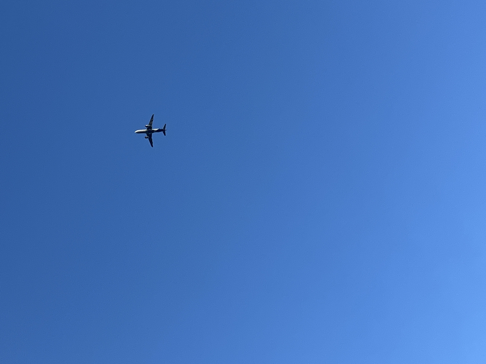 An airplane is seen from below, flying across a clear blue sky. The airplane is white with a dark underside, and its wings are extended. The sky is a uniform bright blue, with no clouds visible. The image appears to have been taken during daylight hours. There are no other objects or people visible in the frame. The image is a vertical shot, with the airplane located in the upper right quadrant. This scene could be observed from anywhere with a clear view of the sky, including Prijevor, Montenegro.