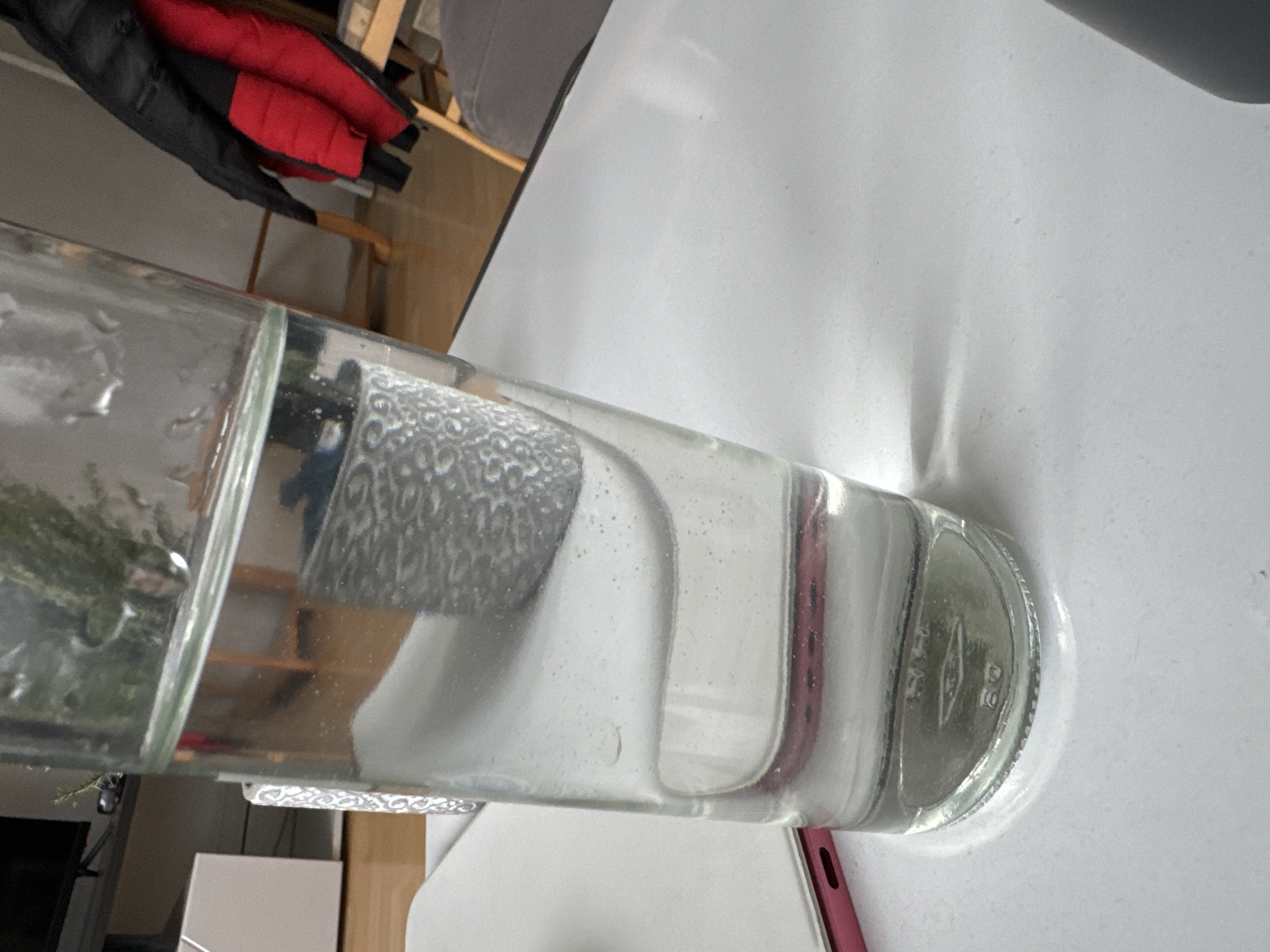 A clear glass rectangular bottle lies horizontally on a white surface. The bottle appears to be filled with water and also contains some plant matter. Reflections and refractions are visible through the bottle due to the water and glass.
The background includes a red and black jacket hung over a chair and portions of the surrounding room. The presence of a white surface suggests the setting is indoors on a table or desk.
There is insufficient information to determine its specific location within Varna, Bulgaria.