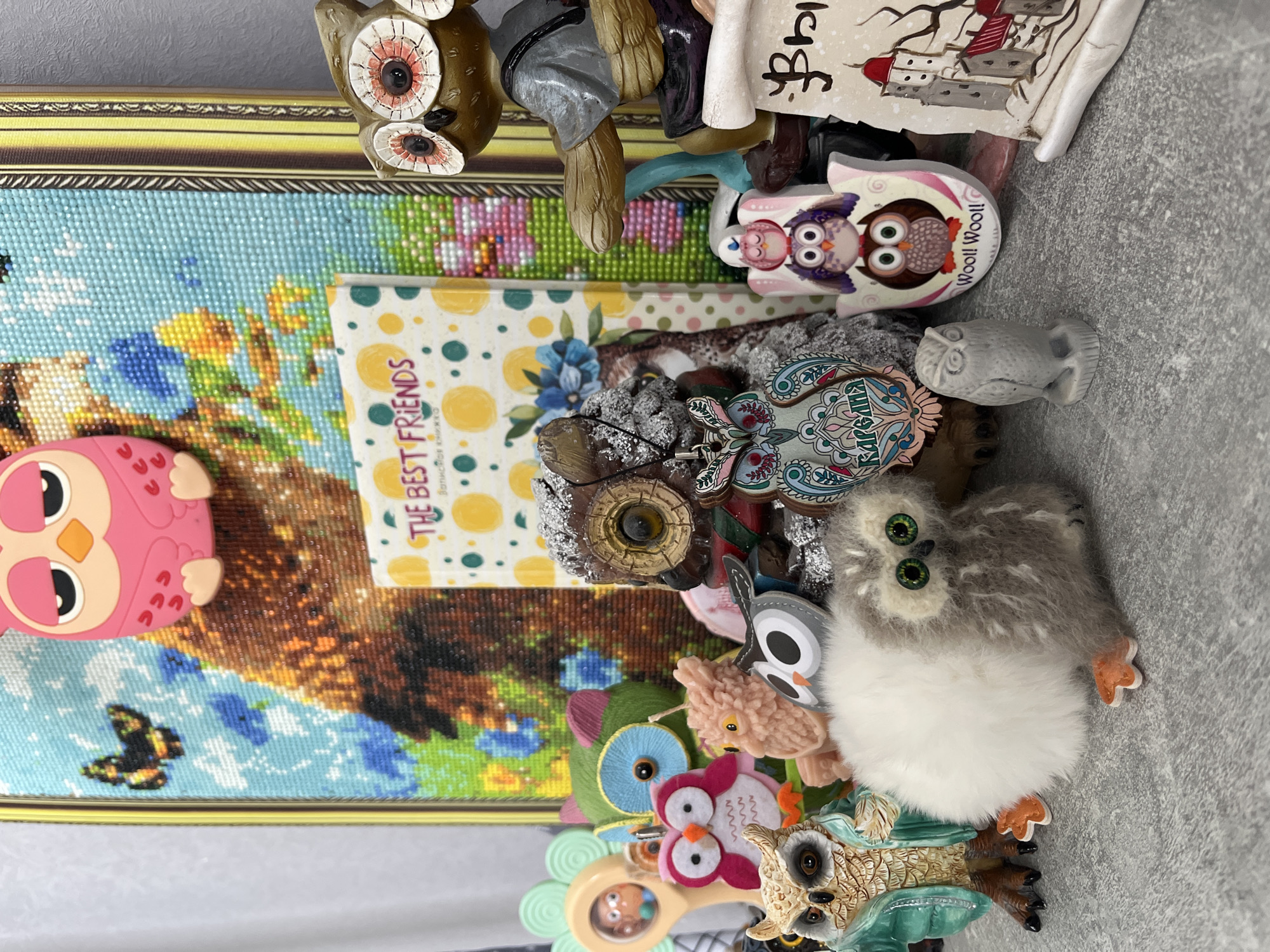 The image shows a collection of owl figurines and other objects arranged on a gray surface. Some of the owls are made of different materials, including ceramic, wood, and felt. One owl figurine is pink and appears to be made of rubber. Also present is a framed image that looks like a landscape and a book with "THE BEST FRIENDS" printed on the cover. Based on the available information, the location is in Shushary, Russia. No people are visible.