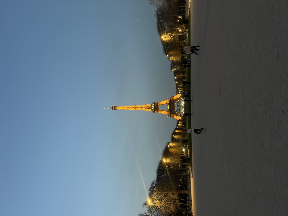 This image captures the Eiffel Tower in Paris, France, viewed from the Champ de Mars during twilight or early night. The Eiffel Tower, centrally positioned, is fully illuminated in a warm golden light against a dark blue sky, its intricate structure and prominent spire visible. The foreground consists of an expansive, light-colored, unpaved surface of the Champ de Mars, with discernible textures.
On the left side of the mid-ground, a single individual wearing light-colored athletic attire is in motion, running from left to right. On the right side of the mid-ground, a group of three individuals is walking, moving generally from right to left. Additional indistinct figures are present closer to the base of the Eiffel Tower.
The grounds flanking the view of the tower are lined with rows of leafless trees and numerous streetlights, which emit bright, warm yellow light, illuminating the pathways and surrounding areas. The artificial light from the streetlamps casts beams across the scene. The overall environment suggests a public park or recreational area in the city.