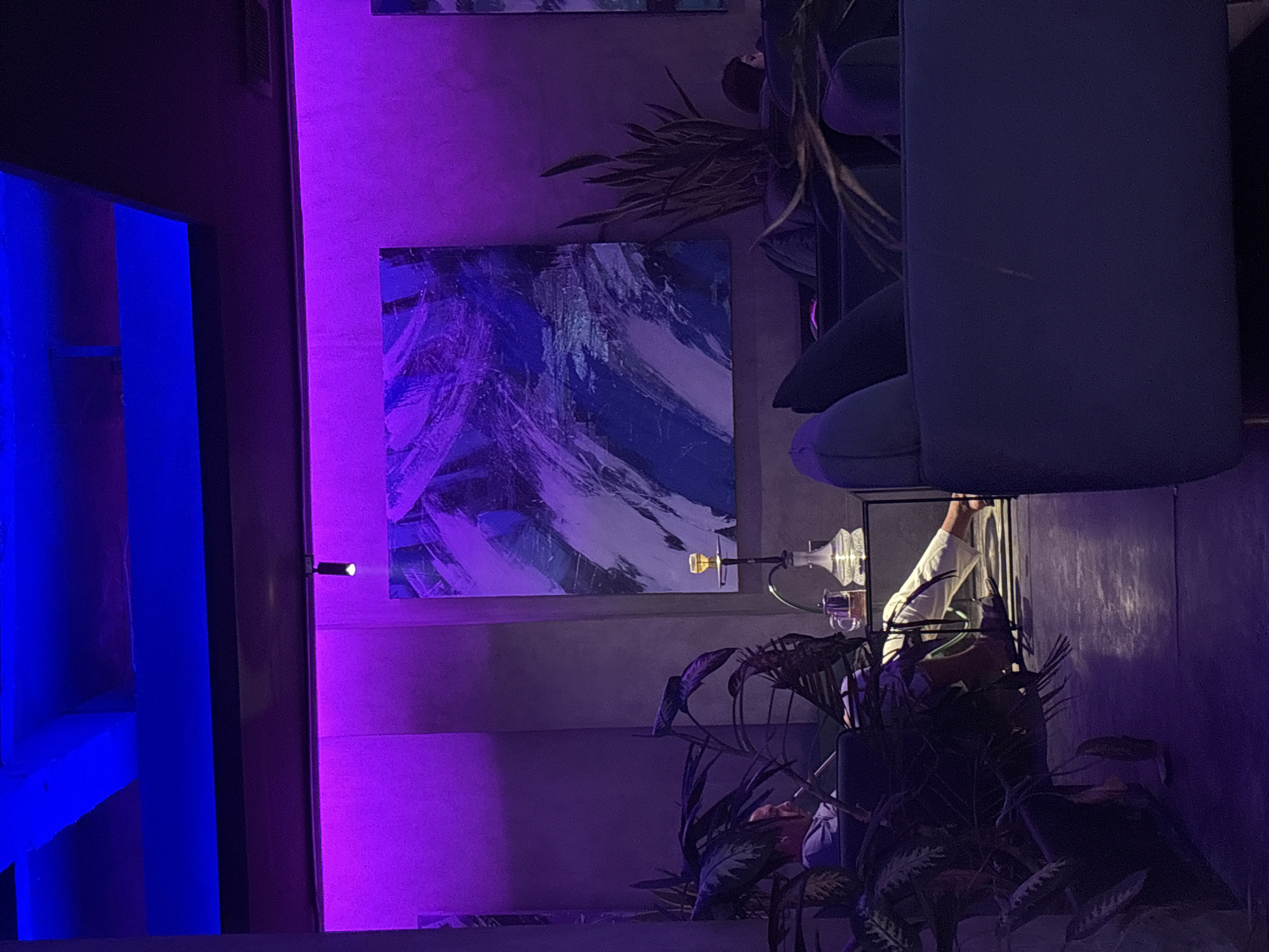 The image presents an interior scene with an interplay of purple and blue lighting. On the left, there's a structure with bright blue illumination. Adjacent to it, a purple-lit wall showcases an abstract painting with blue and white hues. To the right, a potted plant partially obscures a seating arrangement with blue upholstery. The scene is lit with an interesting array of lighting fixtures. A person, possibly tending to the objects in the space, can be seen in the background. The environment appears to be a stylized interior, perhaps a lounge or waiting area. The location is stated to be Unknown, Indonesia.