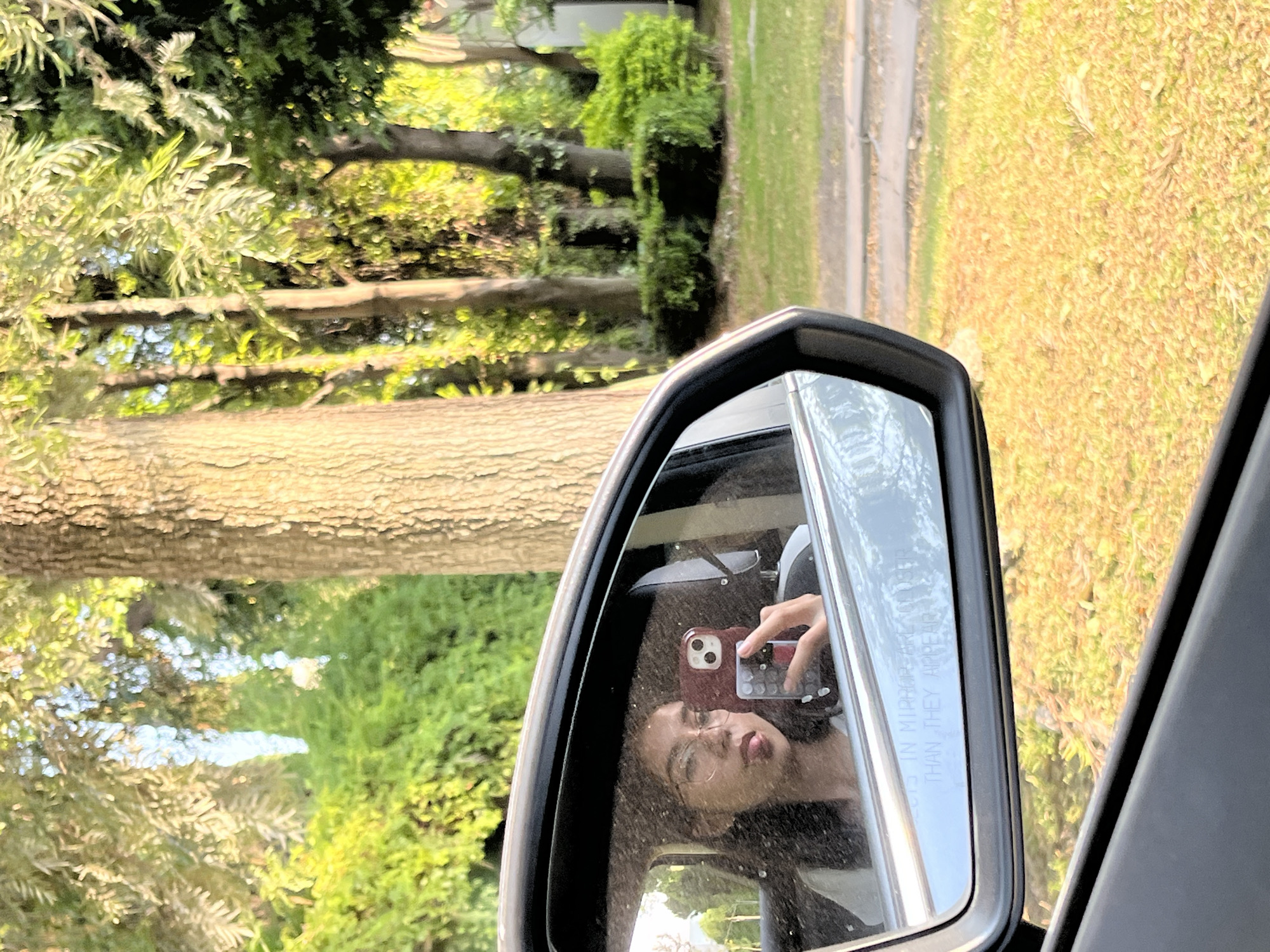 The image shows a car's side mirror reflecting a woman taking a selfie with her phone. The reflection also includes the surrounding environment, with trees and vegetation suggesting a suburban or rural setting. The woman is wearing glasses and has a neutral expression. The mirror has the safety warning "OBJECTS IN MIRROR ARE CLOSER THAN THEY APPEAR." The geographical location cannot be determined solely from the image.