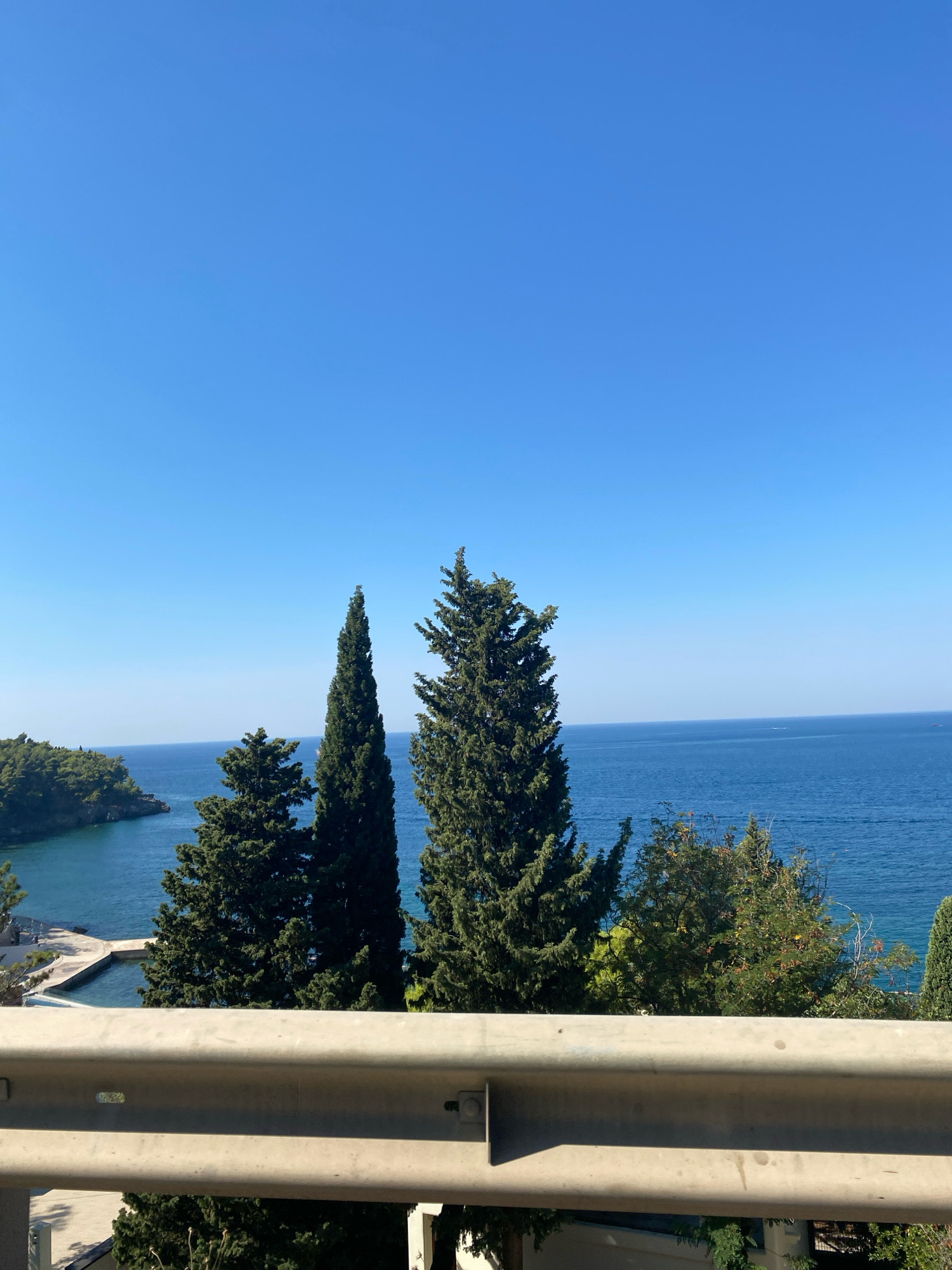 The image depicts a coastal view with the Adriatic Sea under a clear blue sky. In the foreground, a light-colored metal railing is visible. Behind the railing, several tall cypress trees and other greenery obscure a portion of the view. The middle ground features a bay with calm blue water, a small concrete pier or walkway extending into the water, and a rocky, tree-covered coastline on the left. In the distance, the sea stretches to the horizon. The scene is likely from an elevated vantage point, possibly overlooking a residential area or park in Bar, Montenegro. There are no people or animals visible in the image.