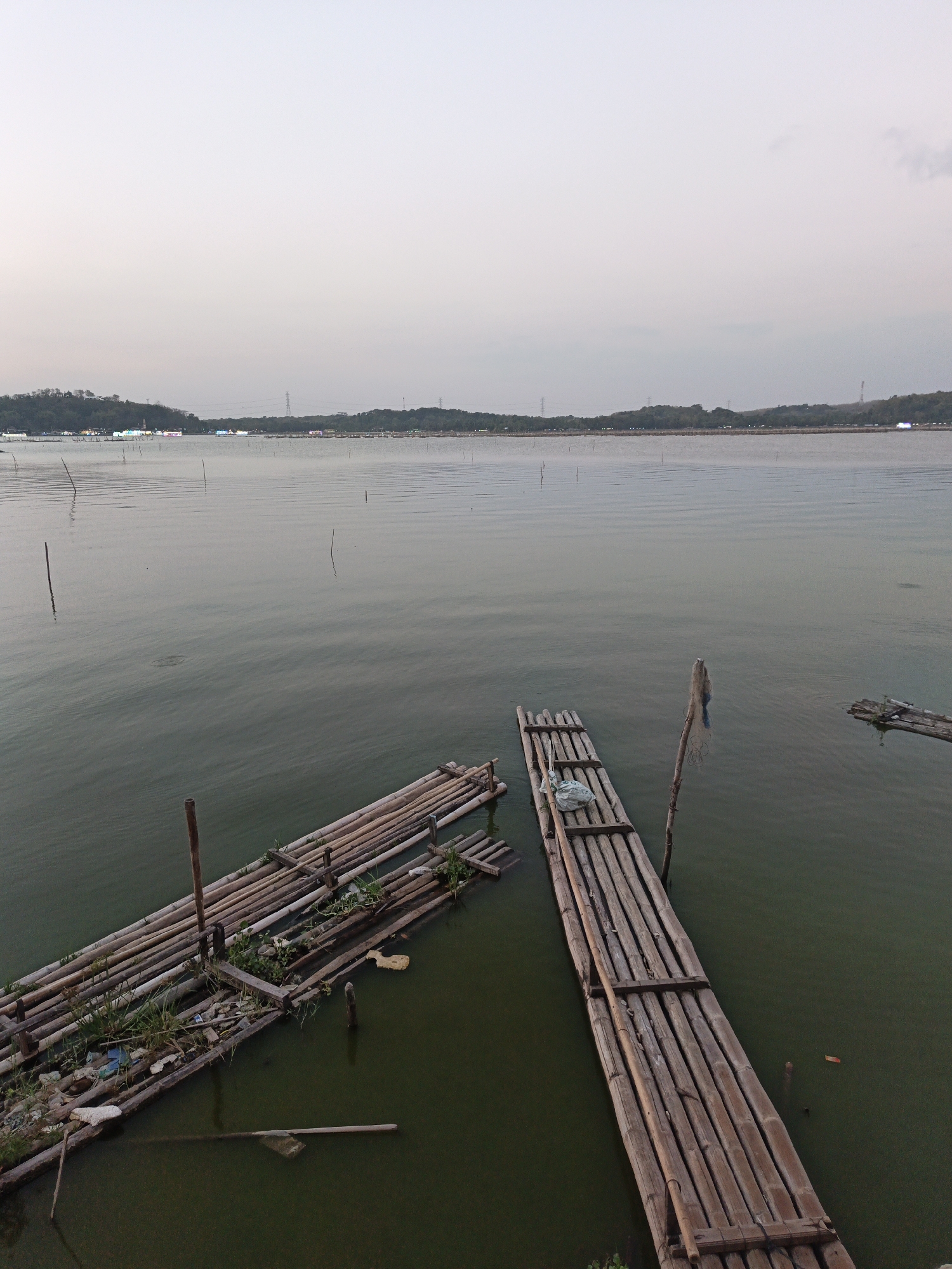 The image depicts a body of water with several bamboo rafts floating on its surface. The water is calm and appears to be a murky green color. In the foreground, two large bamboo rafts are prominent. The raft on the left is partially submerged and appears to be laden with debris, including plastic waste and vegetation. The raft on the right is more intact and is also constructed of bamboo. A single wooden pole with a fishing net attached stands next to this raft. In the background, a distant shoreline is visible, characterized by a gentle slope covered with trees and vegetation. Scattered lights can be seen along the shoreline, suggesting a settlement or activity. Several thin wooden poles are also protruding from the water throughout the scene, likely marking boundaries or fishing areas. The sky is overcast, with a soft, diffused light. The scene is one of a tranquil, possibly rural, aquatic environment in Krakitan, Indonesia.