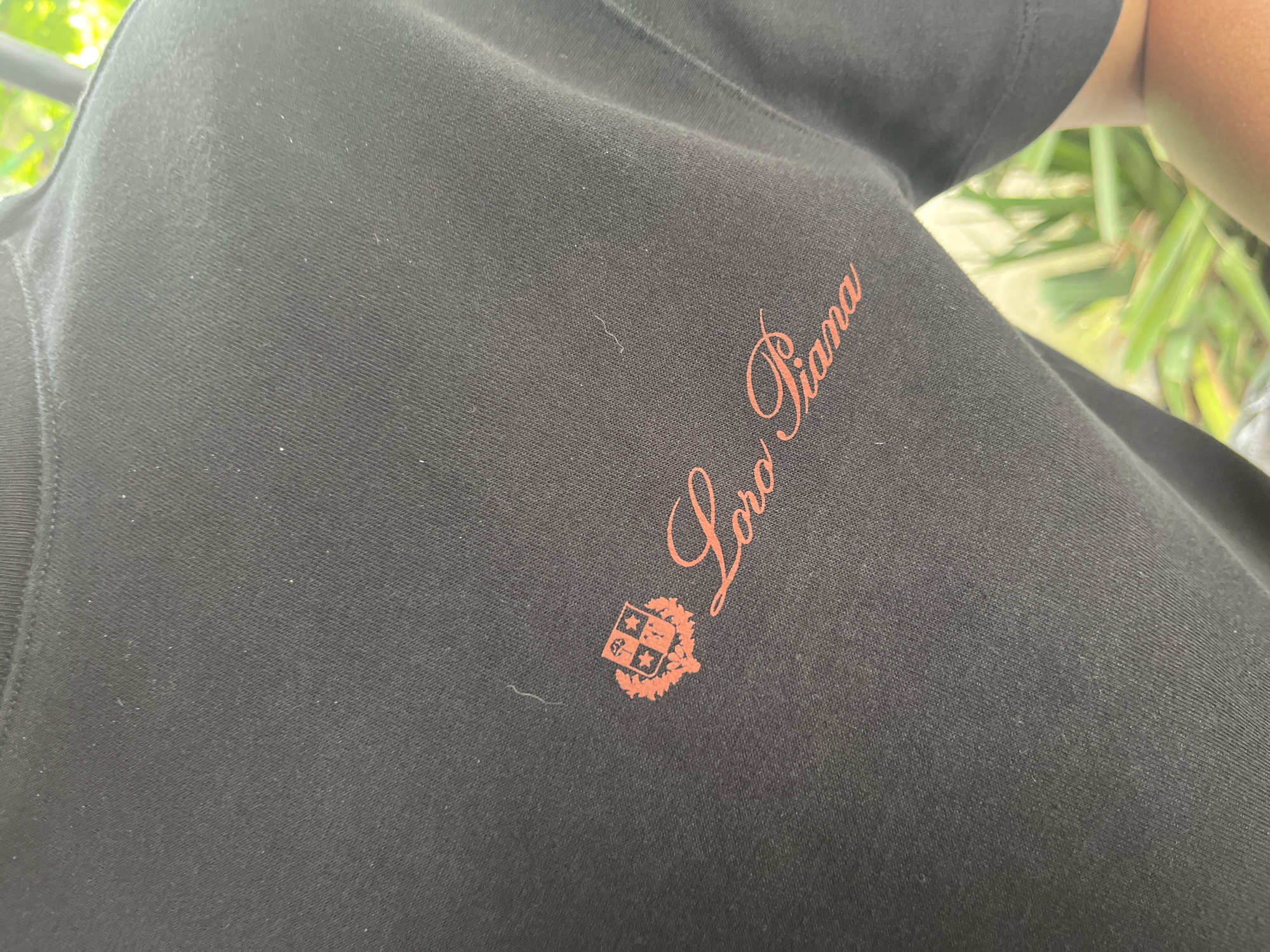 A close-up shot captures a black garment, likely a t-shirt or polo shirt, worn by an individual. The fabric appears to be a soft knit, with some subtle texture and small white specks of lint visible on its surface.
Prominently displayed on the garment, centered in the frame, is a reddish-orange embroidered or printed logo. The logo features the brand name "Loro Piana" in an elegant, flowing script font. Below the text, there is a detailed crest or coat of arms, also in reddish-orange, depicting a shield divided into quarters with various symbols, framed by ornate decorative elements.
The background is softly blurred, revealing bright green foliage and some lighter, indistinct shapes, suggesting an outdoor setting or a view through a window, under natural daylight. A glimpse of the wearer's skin is visible on the far right edge of the image. The scene is located in Shumen, Bulgaria.