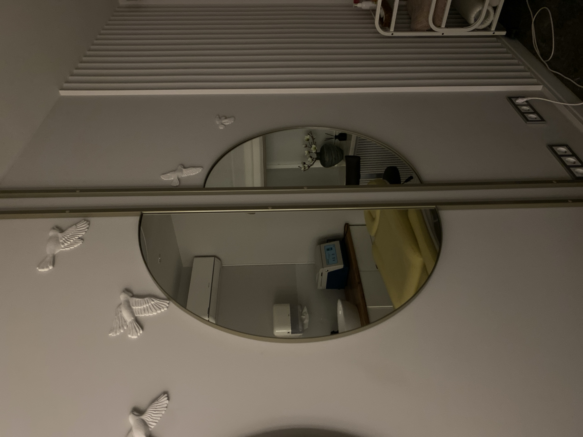 This is a medium-shot, interior photograph of a modern-looking room, likely a spa or treatment room, in Votkinsk, Russia. The scene is dimly lit, with a cool-toned ambient light. The focal point is a large, oval mirror with a thin gold frame, which is positioned slightly off-center to the left. The mirror reflects a portion of the room, showing a white air conditioning unit mounted high on the wall, a white dispenser, a white basin, and a blue and white electronic device on a wooden countertop. A yellow-cushioned treatment bed is also visible in the reflection.
The wall on the left side of the mirror is a light grey and features three white, three-dimensional bird figures in flight, adding a decorative element. To the right of the mirror, the wall transitions into a section with vertical, ribbed paneling, also in a light grey or white. Further to the right, a white metal trolley with multiple shelves is partially visible, holding what appear to be spa or medical supplies. The floor is a dark color, and a white electrical cord runs from an outlet on the wall to the floor. The overall impression is one of a clean, minimalist, and possibly therapeutic environment.