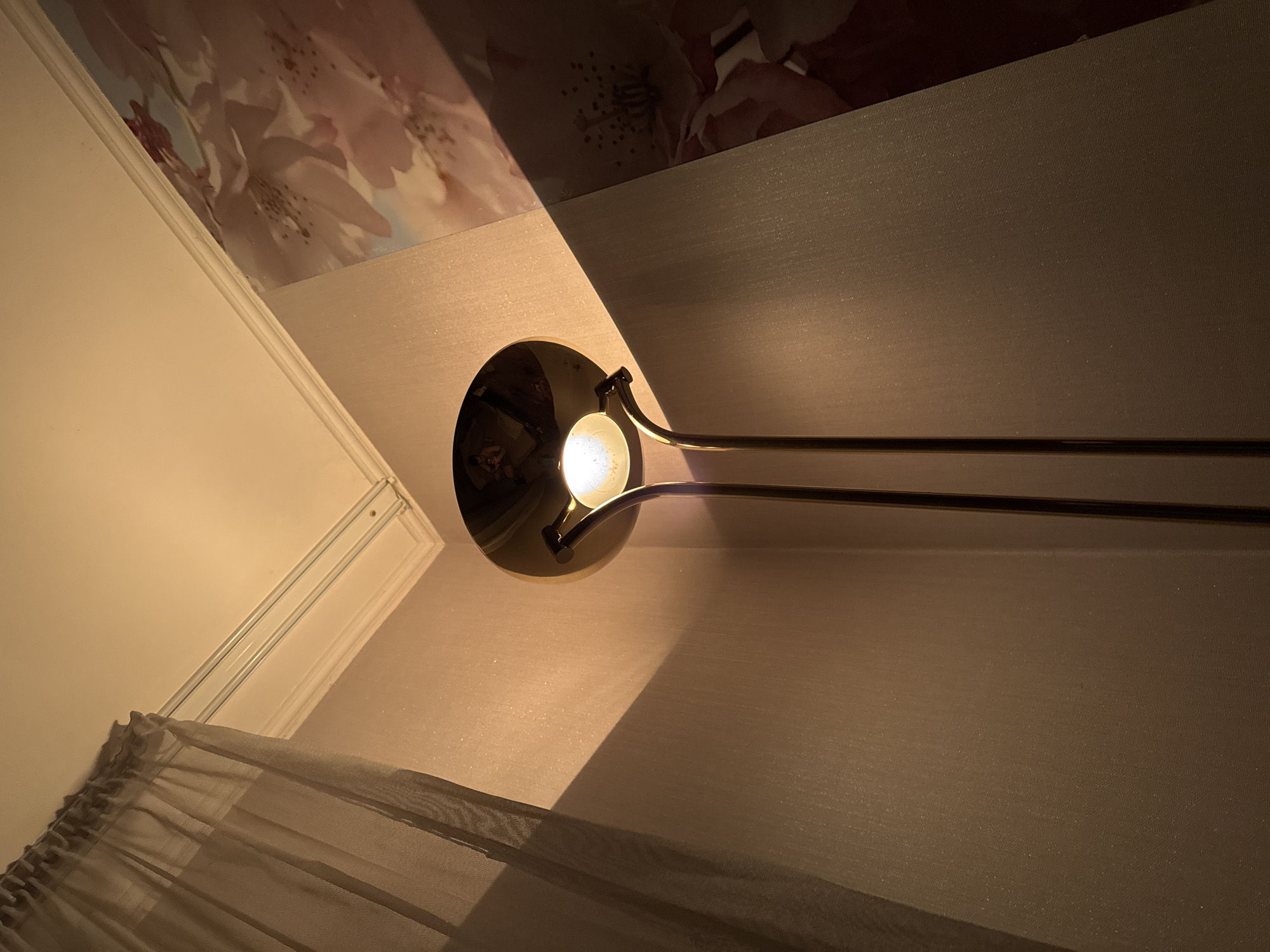 The image shows a dimly lit interior space. A lamp with a golden-colored arm and a spherical bulb casts a warm glow, creating strong shadows on a patterned wall. Above the wall, a ceiling has a floral design in soft pinks and whites. In the lower left corner, a sheer curtain hangs partially visible. The location is unknown.