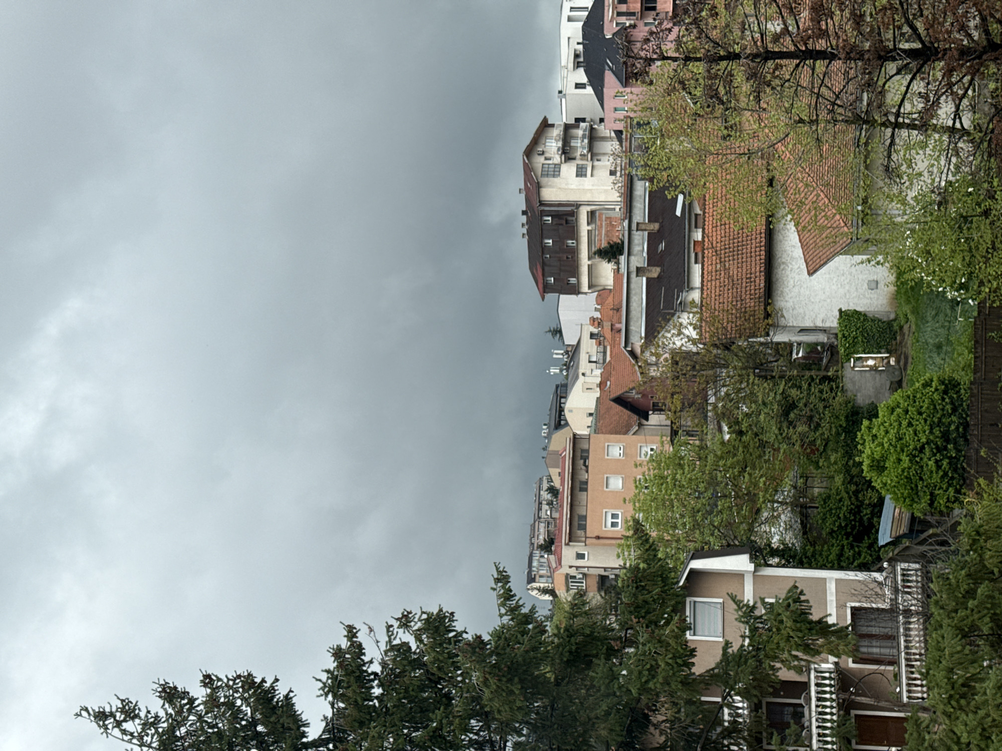 The image captures an elevated view of a residential area in Vozdovac Urban Municipality, Serbia, under a heavily overcast sky. The scene is dominated by a collection of buildings, primarily residential, with diverse architectural styles and roof types, including traditional red-tiled roofs, flat roofs, and dark sloped roofs. These structures extend into the background, creating a dense urban or suburban landscape.
Lush green trees are prominent throughout the frame, particularly in the foreground where large conifers partially obscure lower buildings. Other deciduous trees, some with fresh spring leaves, are interspersed among the houses and in the mid-ground, adding natural elements to the built environment.
The time of day is daylight, characterized by a soft, diffused light due to the thick grey clouds covering the entire sky. This suggests either a gloomy day or impending rain. There is no visible human activity, making the scene appear quiet and still. No discernible text is visible on any of the buildings or objects. The overall impression is one of a typical residential neighborhood on an overcast day.