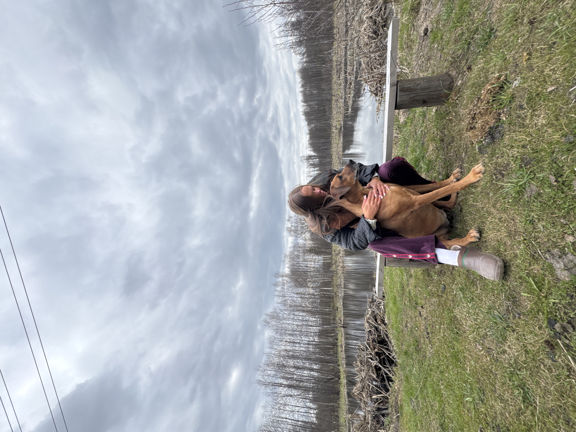 A woman is sitting on a bench outside with a dog. The location is likely near Grebnevo, Russia based on the surrounding environment. The sky is overcast, and there is a row of trees by the water. The woman is wearing dark pants with a red and white stripe, a dark jacket, and beige boots. The dog, which appears to be a Rhodesian Ridgeback, is sitting in her lap. She has her hands on the dog. The environment appears to be grassy.