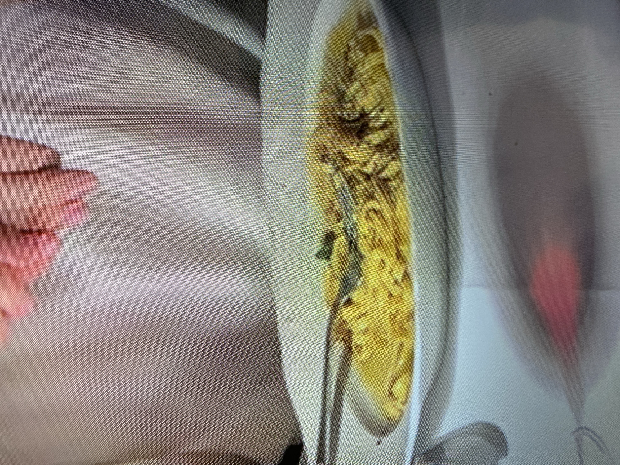 A close-up image depicts a person's upper torso and hands positioned above a white oval plate containing food. The individual wears a light-toned, possibly off-white or light pink, long-sleeved garment. The fingers of one hand are visible at the top of the frame, appearing to be in proximity to the plate. The plate holds a serving of yellow, thin noodles or pasta submerged in a pale yellow liquid, suggesting a broth or light sauce. Darker, finely shredded elements are distributed over the noodles, accompanied by a single green leaf, likely a herb. A silver-colored fork is present in the food, with its tines partially obscured by the noodles. The plate rests on a white surface, likely a tablecloth. Below the table level, a blurred reflection of a reddish object is observable. The specific location within the city of Budva, Montenegro, cannot be determined from the provided visual information.