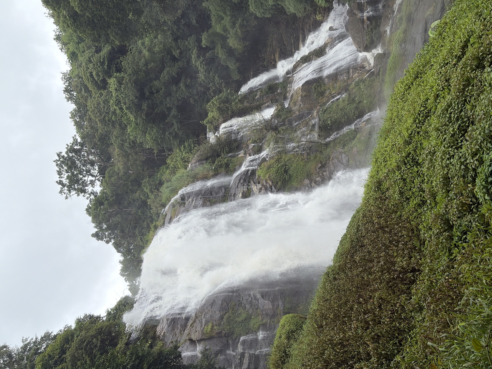 The image depicts a multi-tiered waterfall cascading down a rocky incline in Ban Sop Hat, Thailand. The waterfall is the dominant feature, with large volumes of white water crashing over dark gray rocks. Lush green vegetation, including trees and dense foliage, surrounds the waterfall on both sides and in the foreground. The sky is overcast and gray, suggesting a cloudy or rainy day. No people or man-made structures are visible in the scene, emphasizing the natural and wild environment. The foreground is covered in a thick carpet of green bushes and grasses. The overall impression is one of a powerful and serene natural landscape.