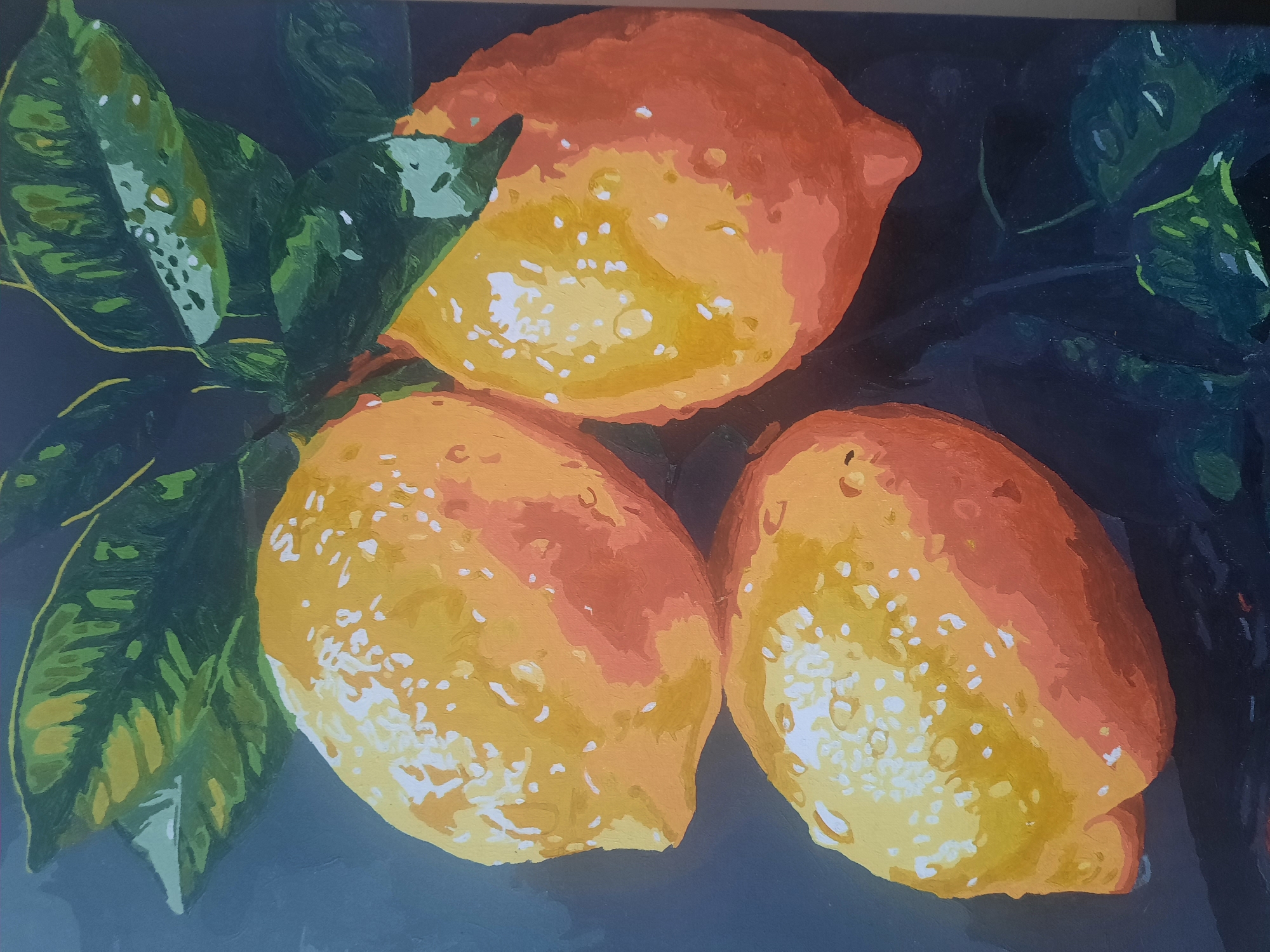 This is a painting of three lemons with green leaves and a dark background. The lemons are depicted with highlights and some white dots, possibly representing water droplets or textured skin. The leaves are a mix of dark green and lighter green, also with some white highlights. The background is a dark, muted color, possibly navy or a deep blue-green. The painting style appears to be acrylic or oil with visible brushstrokes. There is no indication of any specific location in the city of Parachcha, Belarus, or any people, actions, or interactions.