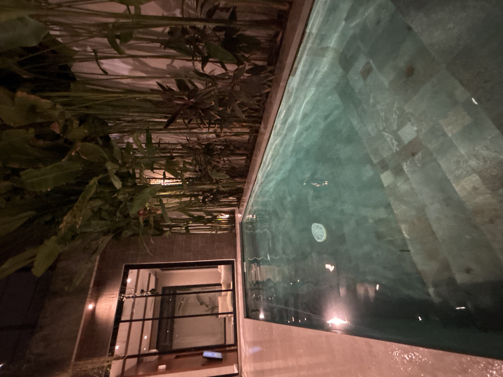 An eye-level, slightly angled photograph captures a swimming pool located in Tumbak Bayuh, Indonesia. The foreground features the pool's surface, reflecting ambient light and showing a slightly murky appearance. The pool's edge is constructed of what appears to be concrete.
To the left of the pool, lush tropical foliage hangs over a portion of the scene. Below the foliage, there's a building with large windows, offering a glimpse into an interior space. The building’s design appears modern. No people are visible in the image. The overall impression is of a tranquil, tropical setting.