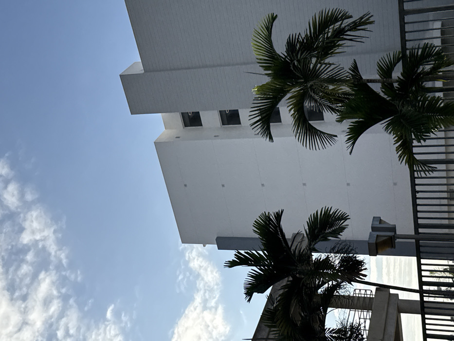 The scene, located in Hialeah, United States of America, is observed under a bright blue sky with scattered white clouds. The central subject is a multi-story building featuring a predominantly white or light gray facade, characterized by both smooth rendered surfaces and textured block-like sections. Recessed, dark rectangular windows are visible across multiple floors. Vertical gray architectural elements accent the building's design. In the foreground, multiple palm trees with dark green fronds partially obscure the lower and mid-sections of the building. To the left, an elevated concrete structure with visible railings, resembling an overpass or ramp, is present. A dark metal fence spans the bottom of the frame, behind which a gray pole with a yellow square fixture is visible. No individuals or specific activities are depicted.