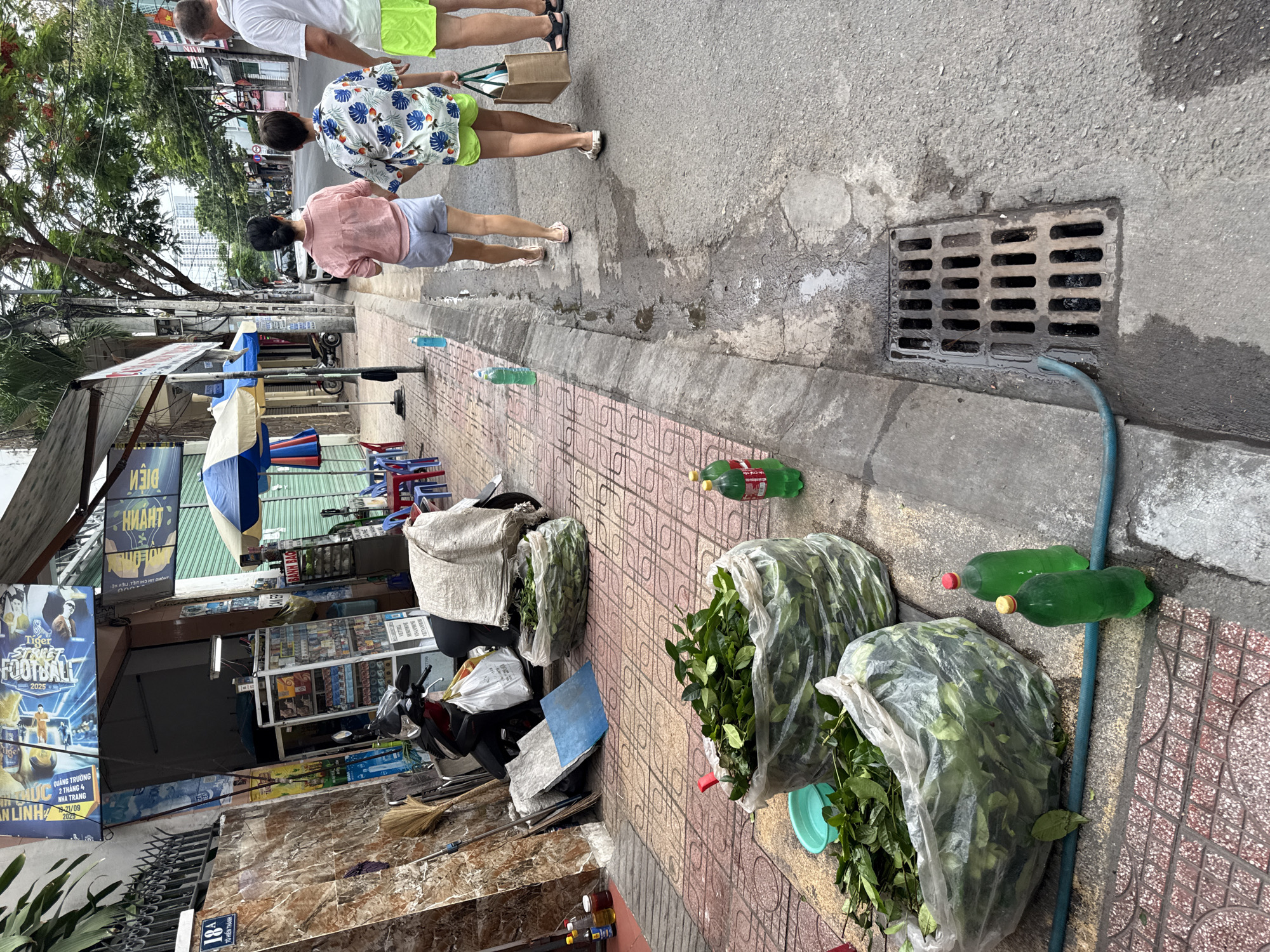The image depicts a street scene in Nha Trang, Vietnam. In the foreground, two large transparent bags filled with green leafy material are placed on a patterned tiled sidewalk. Next to these bags are two green plastic bottles, one with a red cap and the other with a yellow cap. A turquoise watering hose lies across the sidewalk and leads towards a storm drain located on the asphalt road.
Further down the sidewalk, there are more bags of green leaves, a motorcycle with a white plastic bag draped over its seat, and a broom leaning against a marble-tiled wall. In the background, three people are walking away from the camera on the right side of the street. The person in the middle, a child, is holding a brown paper bag. The woman in front is wearing a pink shirt and grey shorts, and the man on the right is wearing a white t-shirt and bright green shorts. They are walking on the asphalt road, which appears wet in places.
Several storefronts are visible along the street, with awnings, advertisements, and signage in Vietnamese. Umbrellas and chairs are set up outside one of the establishments. Trees line the street, and buildings can be seen in the distance. The overall impression is that of a typical urban street environment in Vietnam, likely in a commercial or residential area.